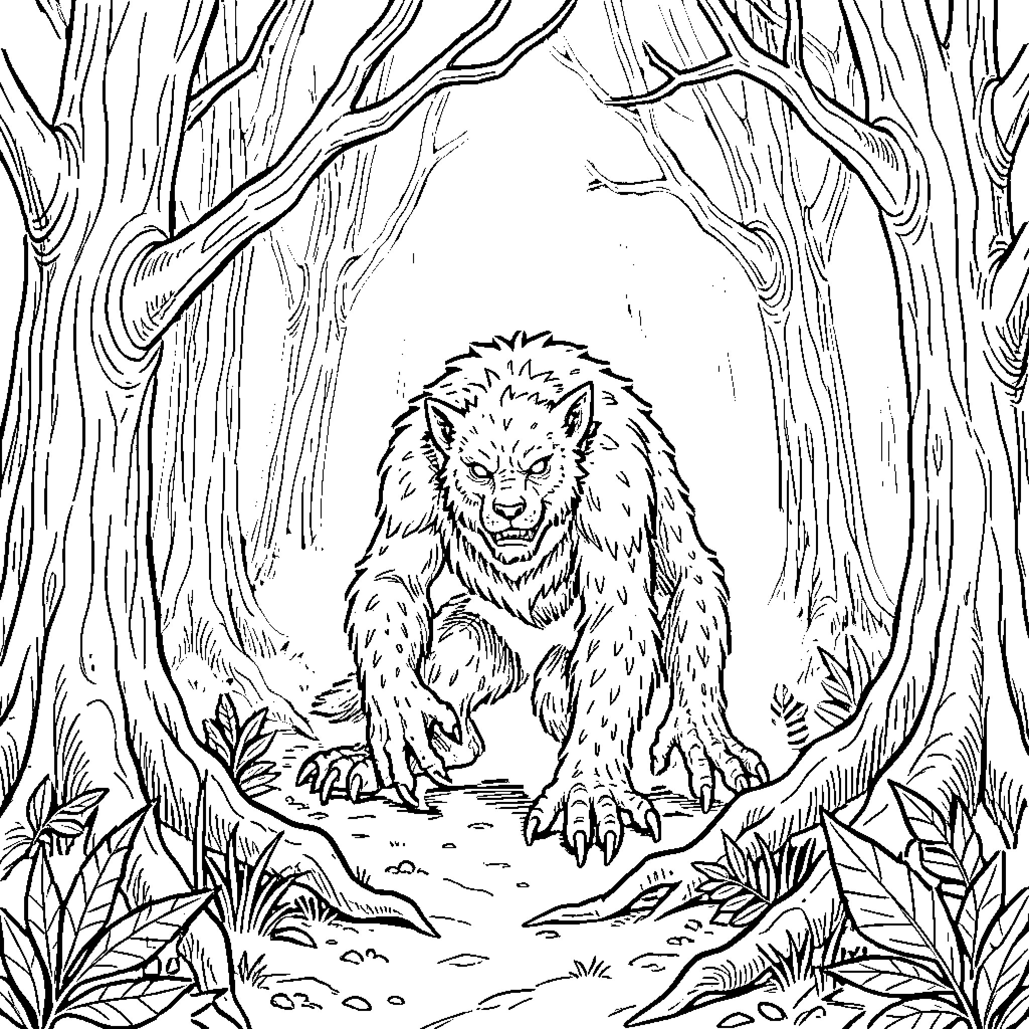 Cryptid Creature in the Mysterious Forest Coloring Page (free black-and-white line drawing printable PDF for all, from beginners to advanced learners, including children, teens, adults, and seniors)