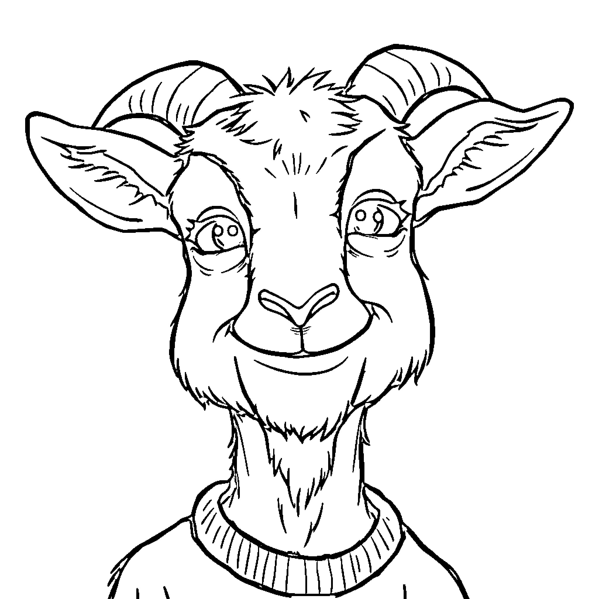 Goat with amusing expression Coloring Page (free black-and-white line drawing printable PDF for all, from beginners to advanced learners, including children, teens, adults, and seniors)