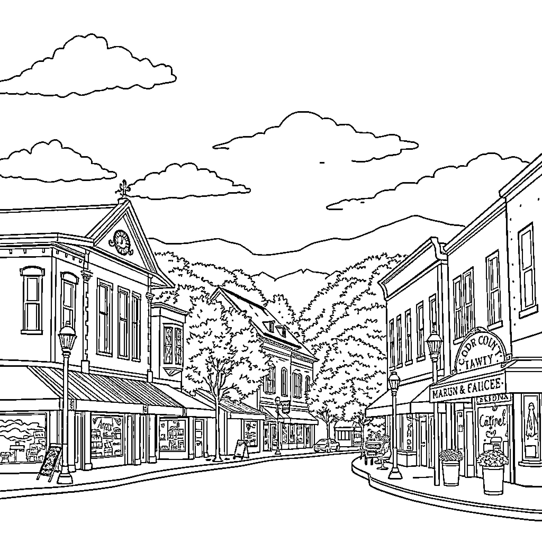 Town street scene with shops and buildings Coloring Page (free black-and-white line drawing printable PDF for all, from beginners to advanced learners, including children, teens, adults, and seniors)