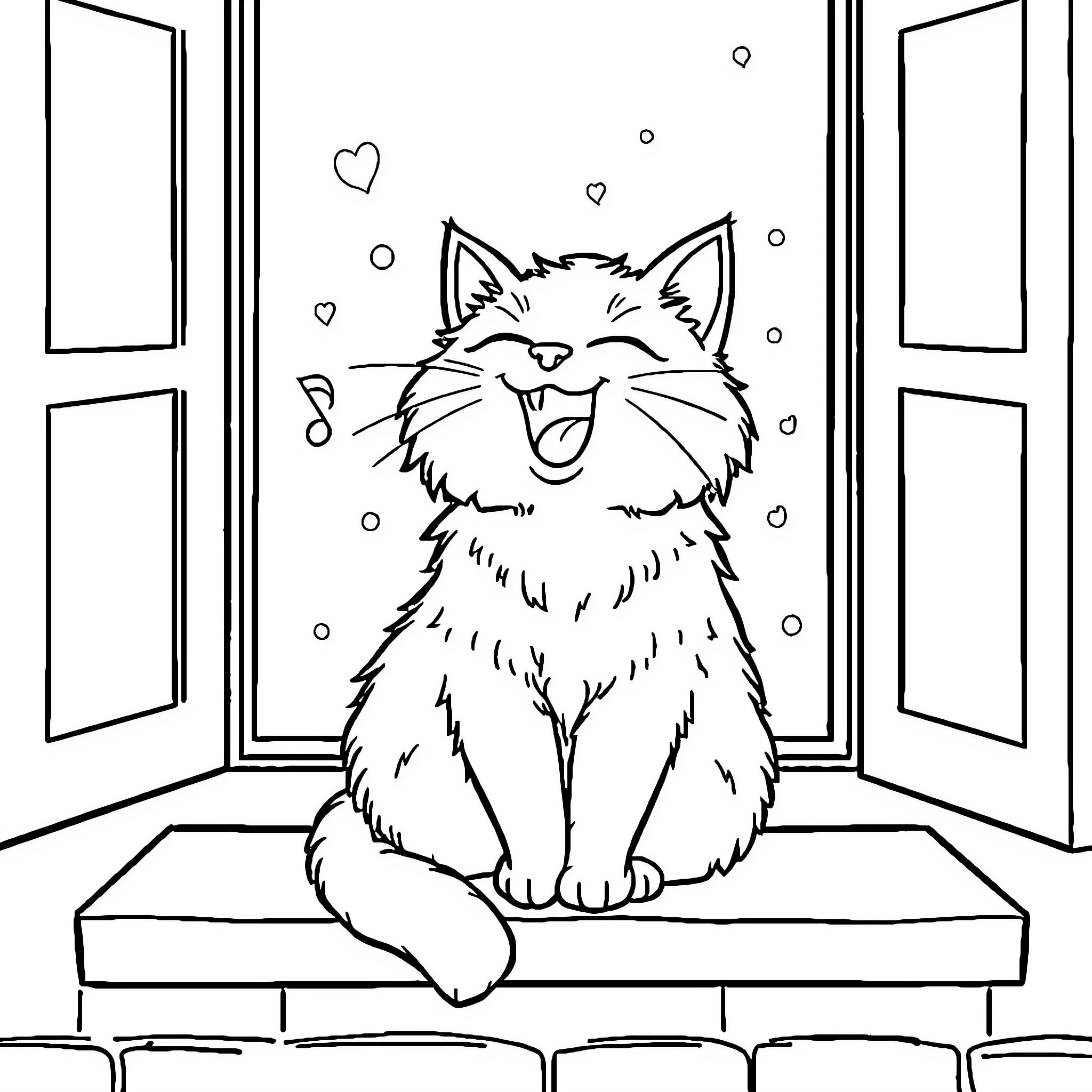 Cat sitting happily on windowsill Coloring Page (free black-and-white line drawing printable PDF for all, from beginners to advanced learners, including children, teens, adults, and seniors)