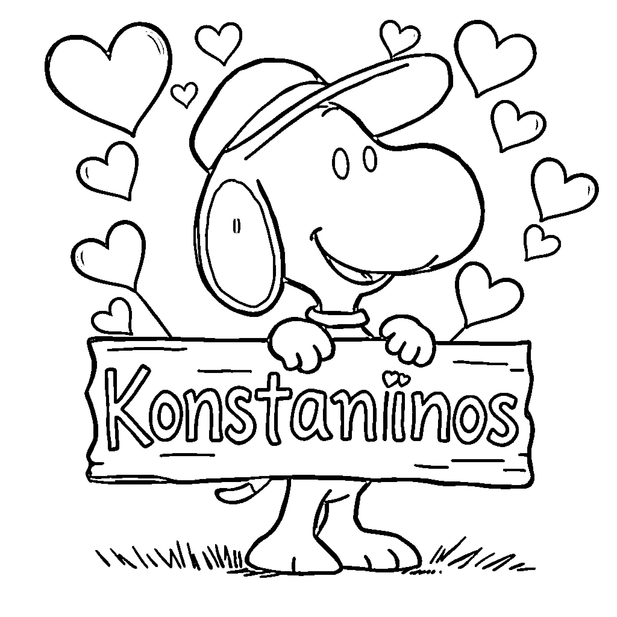 Snoopy's Love for Konstantinos Coloring Page (free black-and-white line drawing printable PDF for all, from beginners to advanced learners, including children, teens, adults, and seniors)