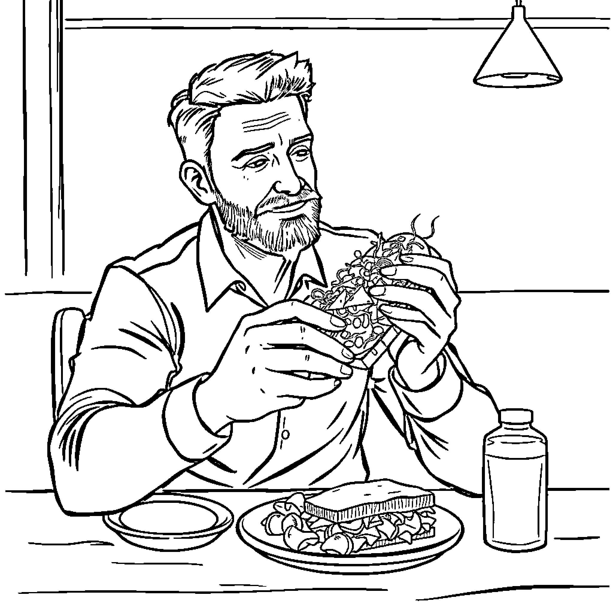 Man enjoying a meal in a diner Coloring Page (free black-and-white line drawing printable PDF for all, from beginners to advanced learners, including children, teens, adults, and seniors)