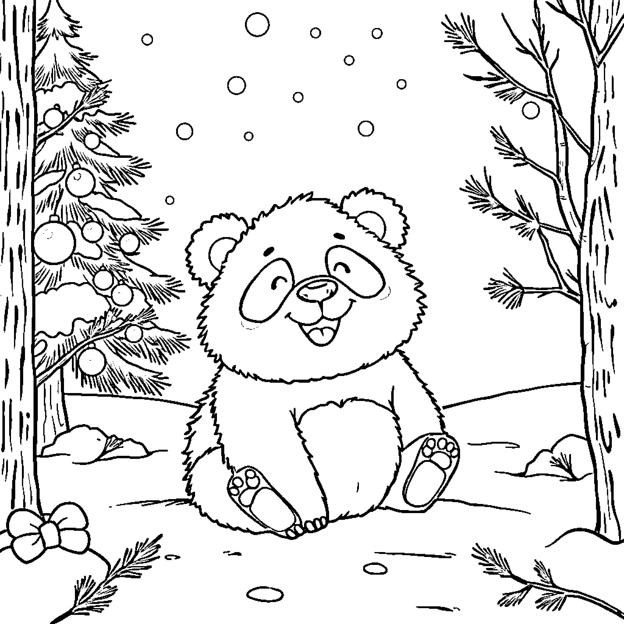 Panda enjoying snowy winter wonderland Coloring Page (free black-and-white line drawing printable PDF for all, from beginners to advanced learners, including children, teens, adults, and seniors)