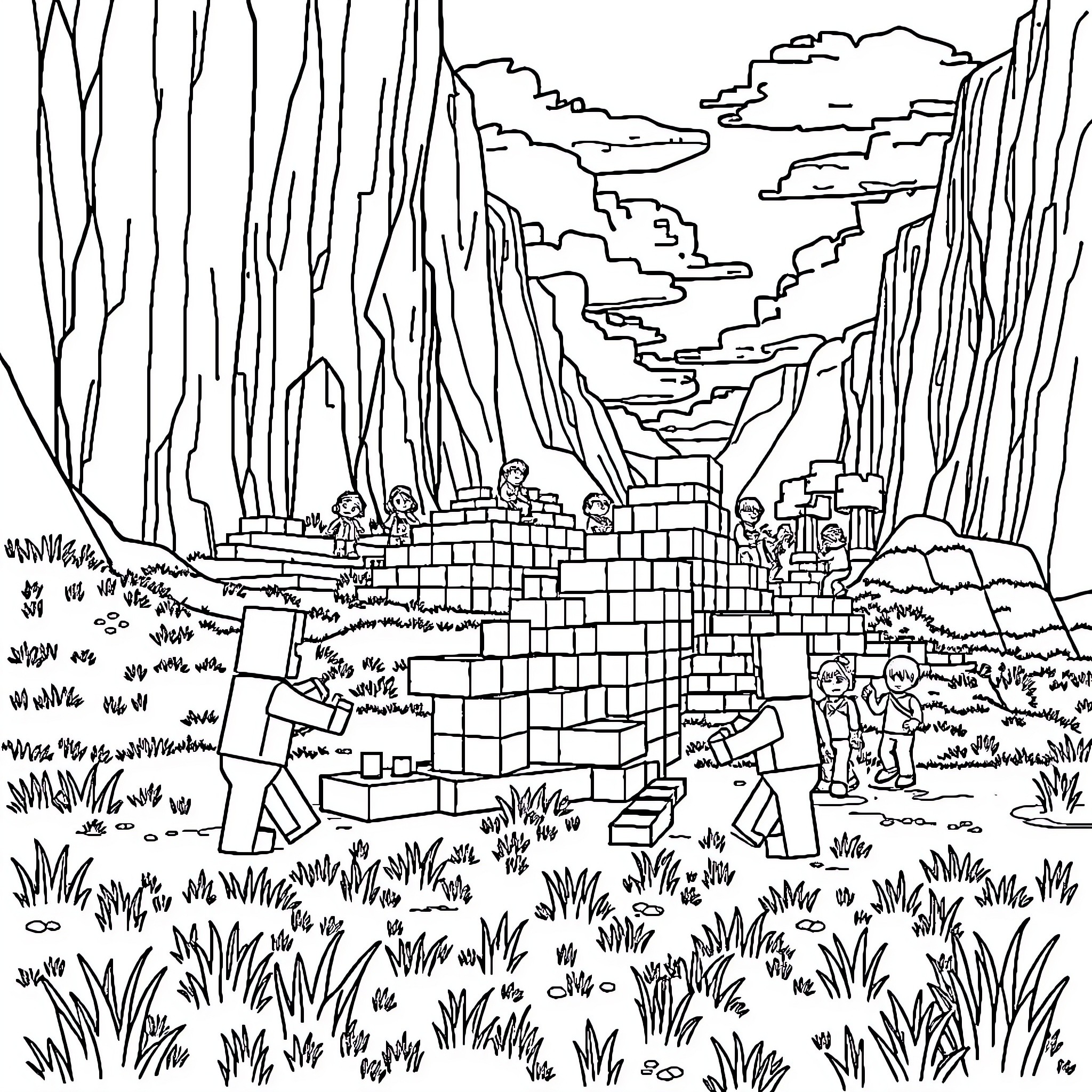 Minecraft characters exploring a rugged mountainous landscape Coloring Page (free black-and-white line drawing printable PDF for all, from beginners to advanced learners, including children, teens, adults, and seniors)