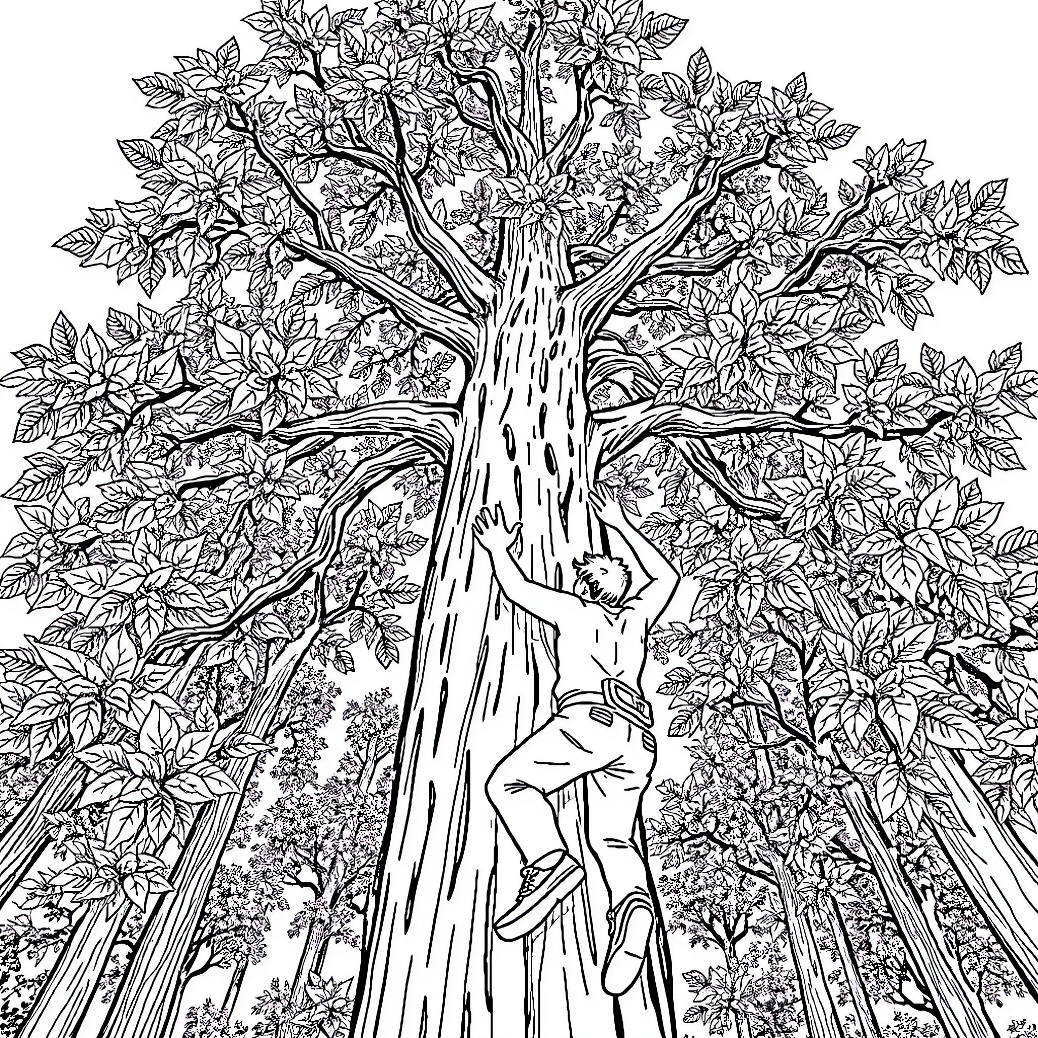 Daniel Tosh climbing a detailed tree filled with leaves Coloring Page (free black-and-white line drawing printable PDF for all, from beginners to advanced learners, including children, teens, adults, and seniors)