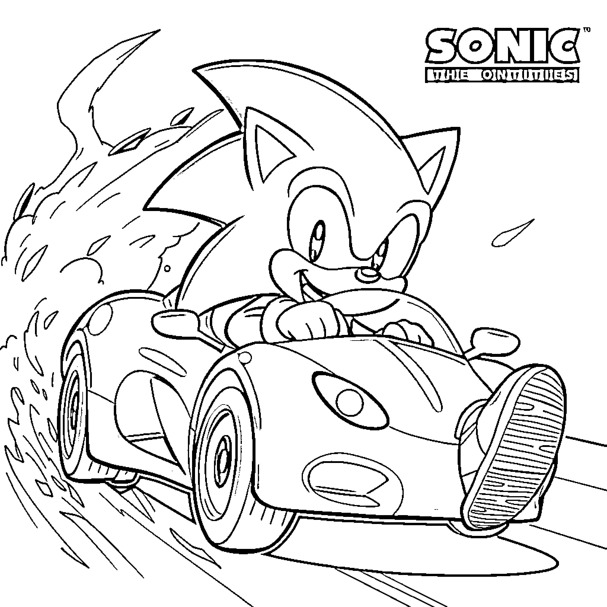 Sonic's energetic adventure in his speedy vehicle Coloring Page (free black-and-white line drawing printable PDF for all, from beginners to advanced learners, including children, teens, adults, and seniors)