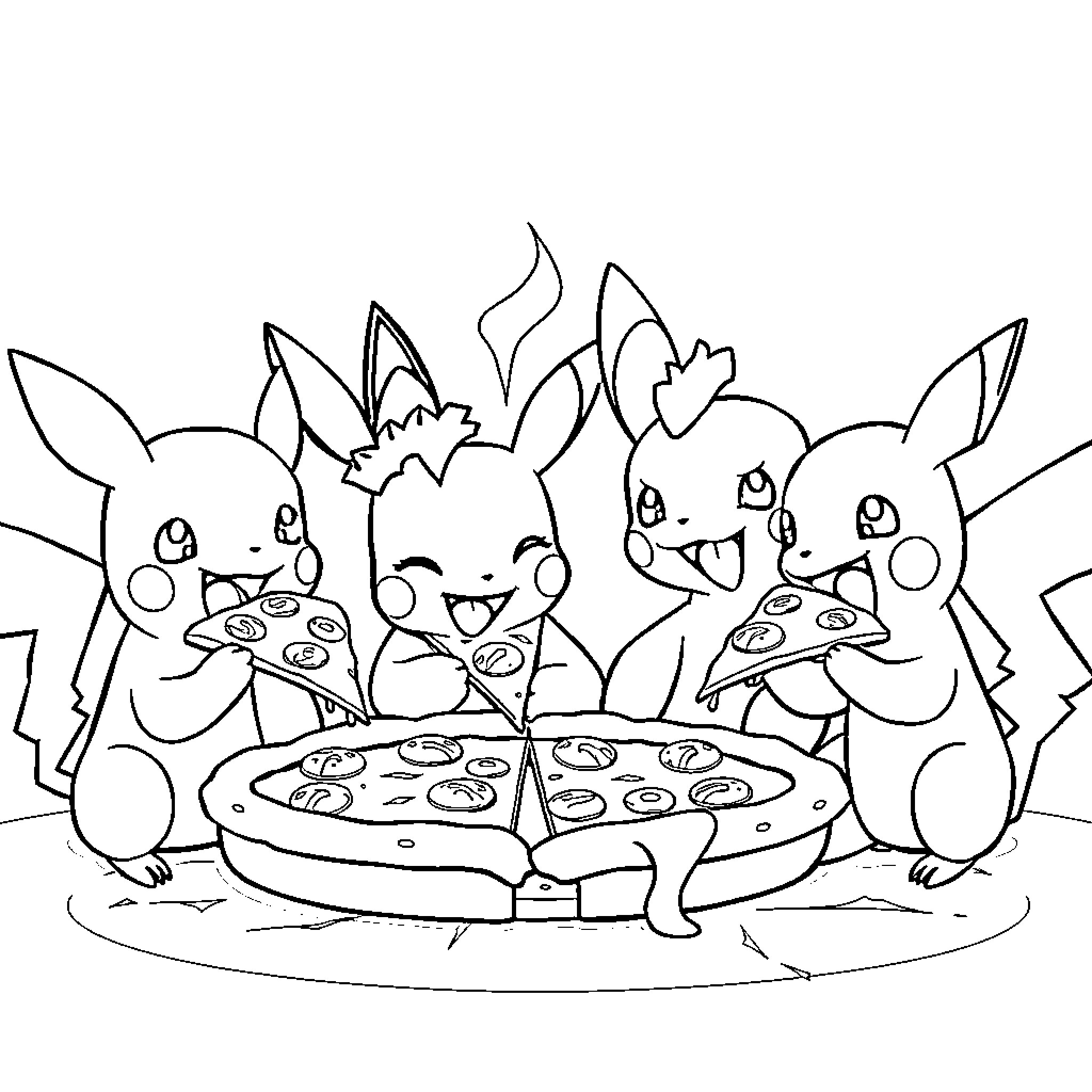 Pokémon Enjoying a Pizza Party Coloring Page (free black-and-white line drawing printable PDF for all, from beginners to advanced learners, including children, teens, adults, and seniors)