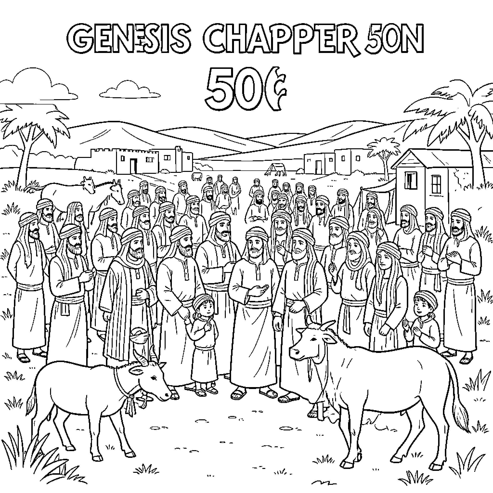 Israelite people gathered in a desert village landscape Coloring Page (free black-and-white line drawing printable PDF for all, from beginners to advanced learners, including children, teens, adults, and seniors)