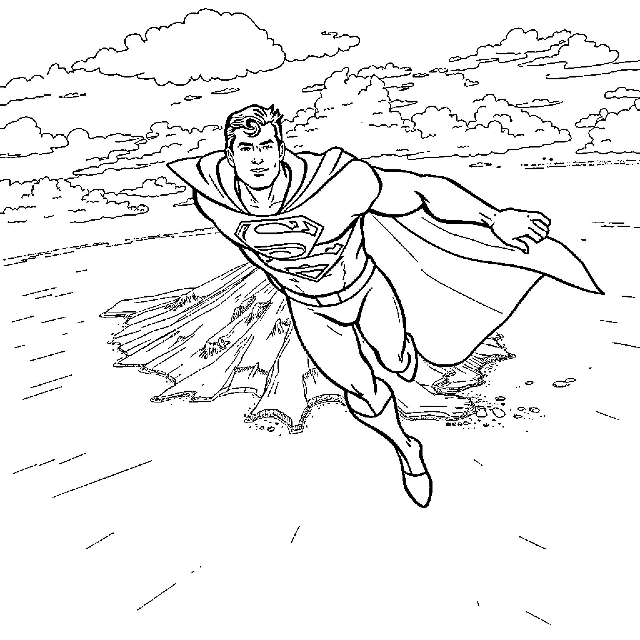 Superman flying over the landscape Coloring Page (free black-and-white line drawing printable PDF for all, from beginners to advanced learners, including children, teens, adults, and seniors)
