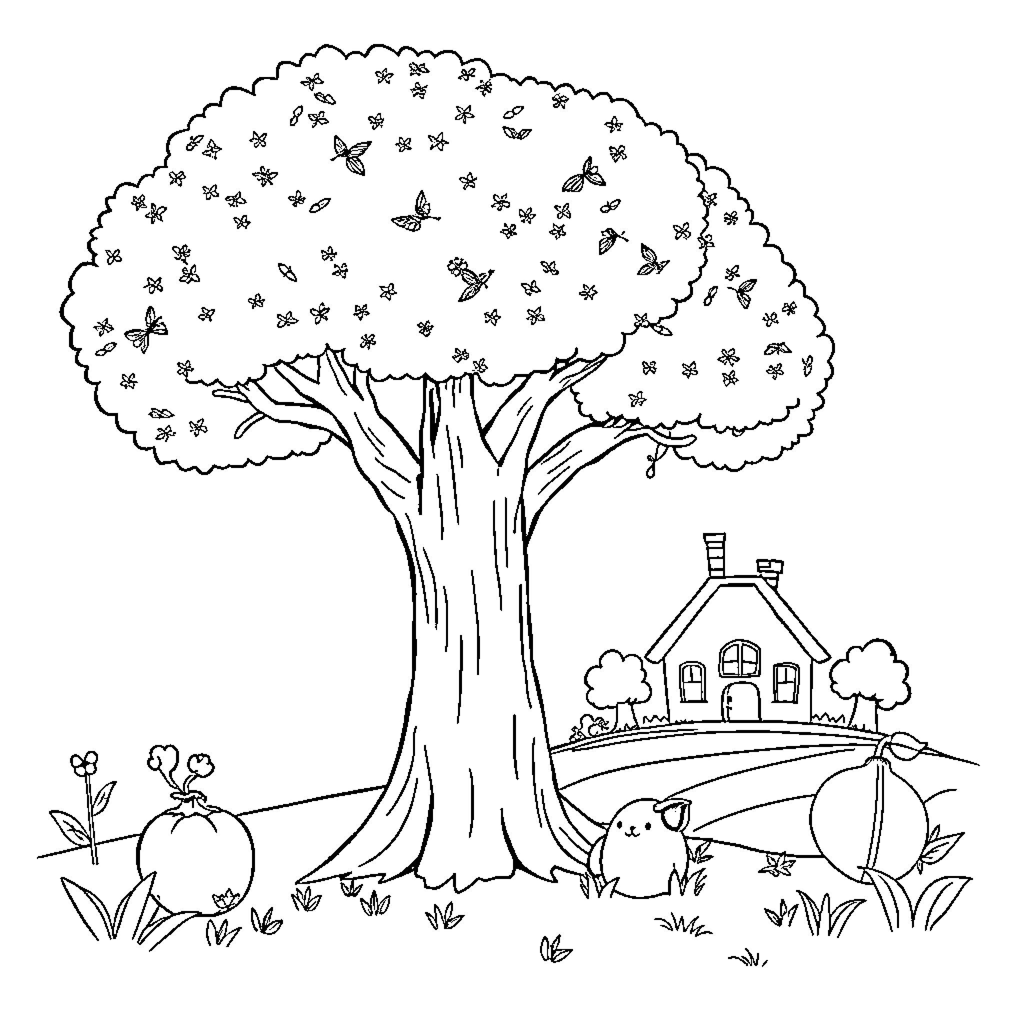 Nature's Whimsical Cottage Scene Coloring Page (free black-and-white line drawing printable PDF for all, from beginners to advanced learners, including children, teens, adults, and seniors)