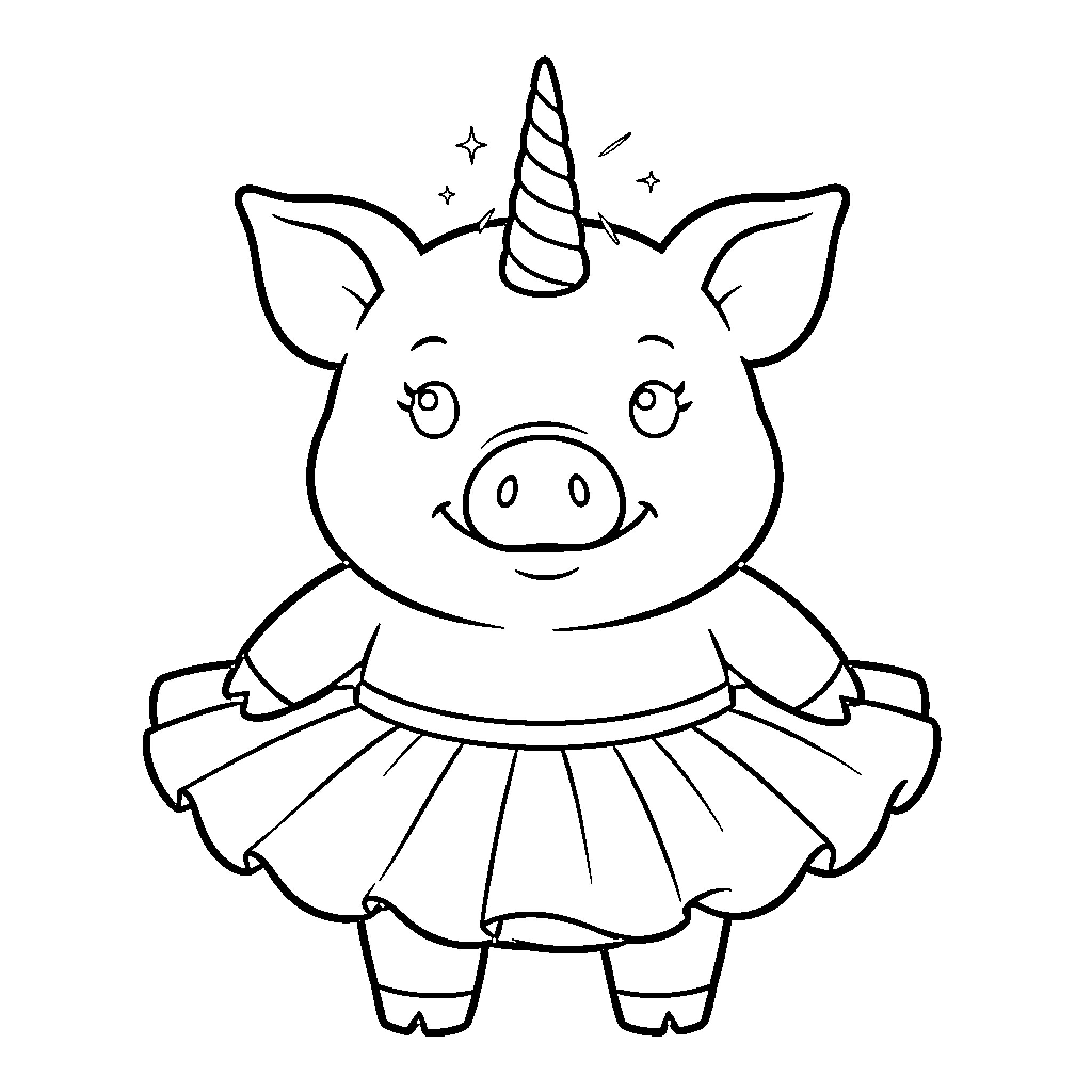 Pig unicorn wearing a tutu dancing happily Coloring Page (free black-and-white line drawing printable PDF for all, from beginners to advanced learners, including children, teens, adults, and seniors)