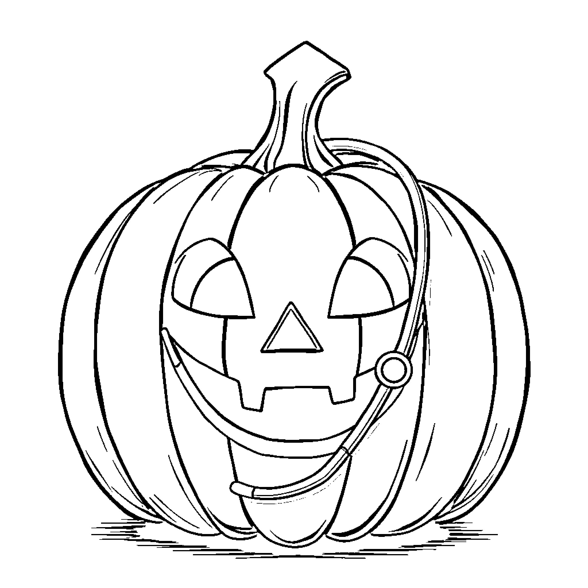 Pumpkin with carved happy face Coloring Page (free black-and-white line drawing printable PDF for all, from beginners to advanced learners, including children, teens, adults, and seniors)