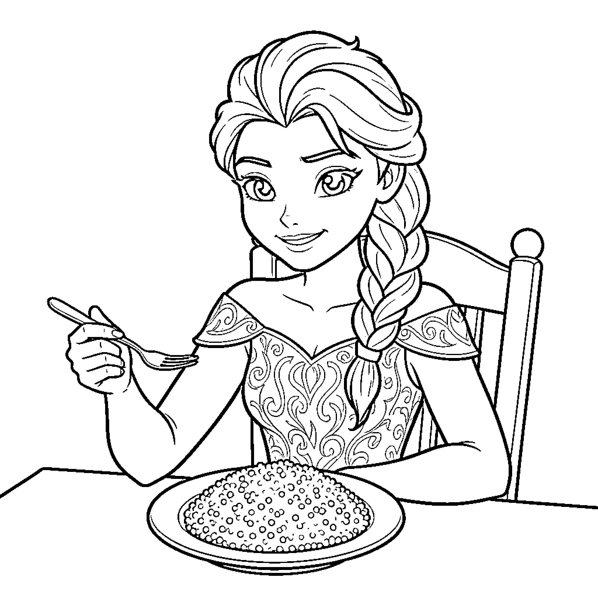Elsa sitting at a table eating a meal Coloring Page (free black-and-white line drawing printable PDF for all, from beginners to advanced learners, including children, teens, adults, and seniors)