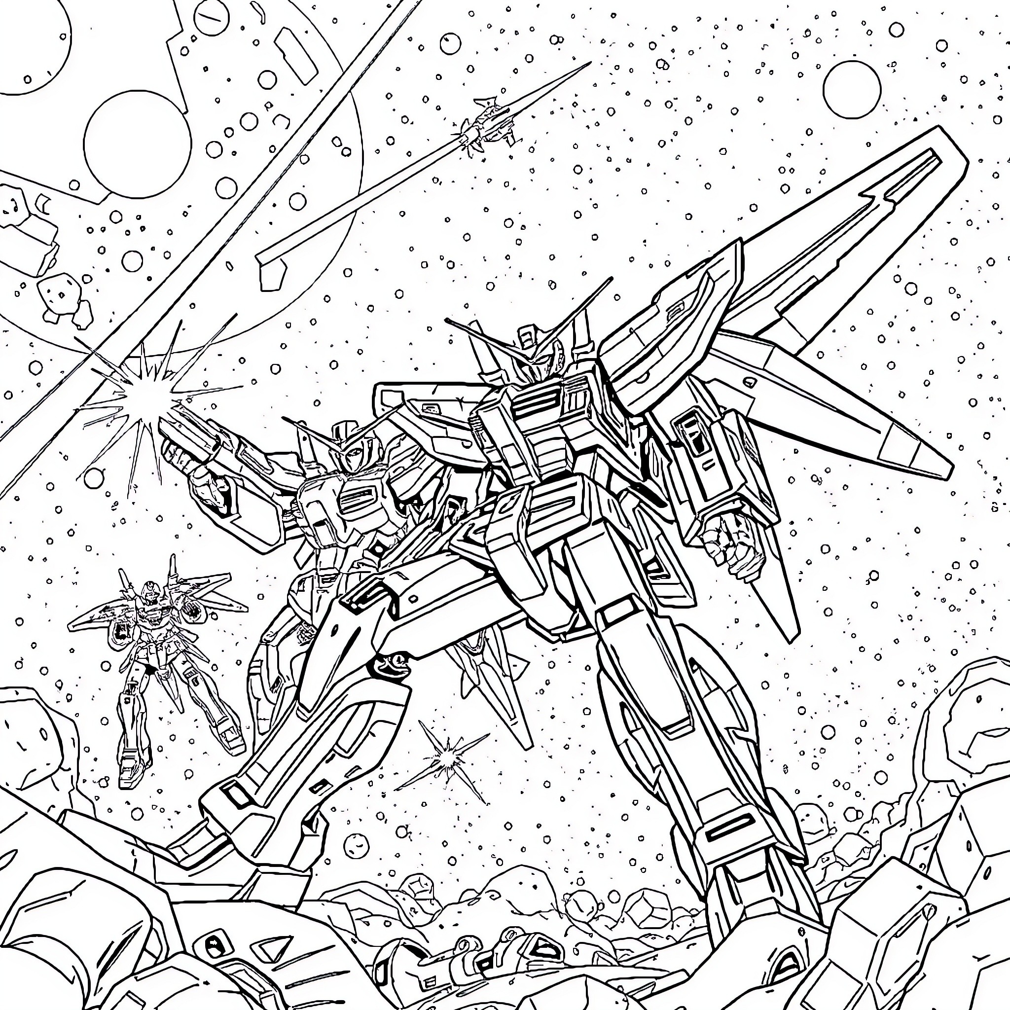Macross: Transforming Mecha Robots in Outer Space Combat Coloring Page (free black-and-white line drawing printable PDF for all, from beginners to advanced learners, including children, teens, adults, and seniors)