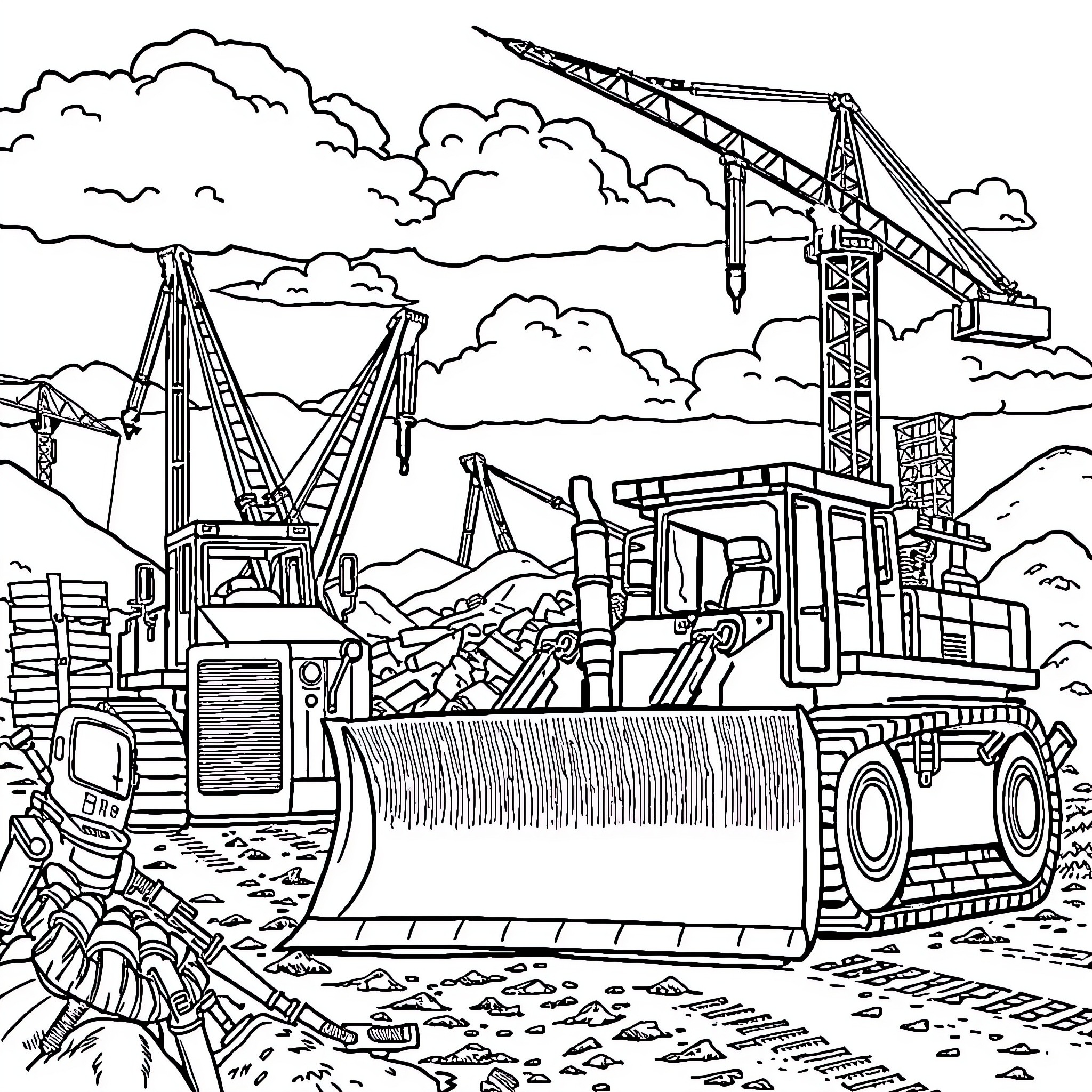 Equipment at a construction site Coloring Page (free black-and-white line drawing printable PDF for all, from beginners to advanced learners, including children, teens, adults, and seniors)