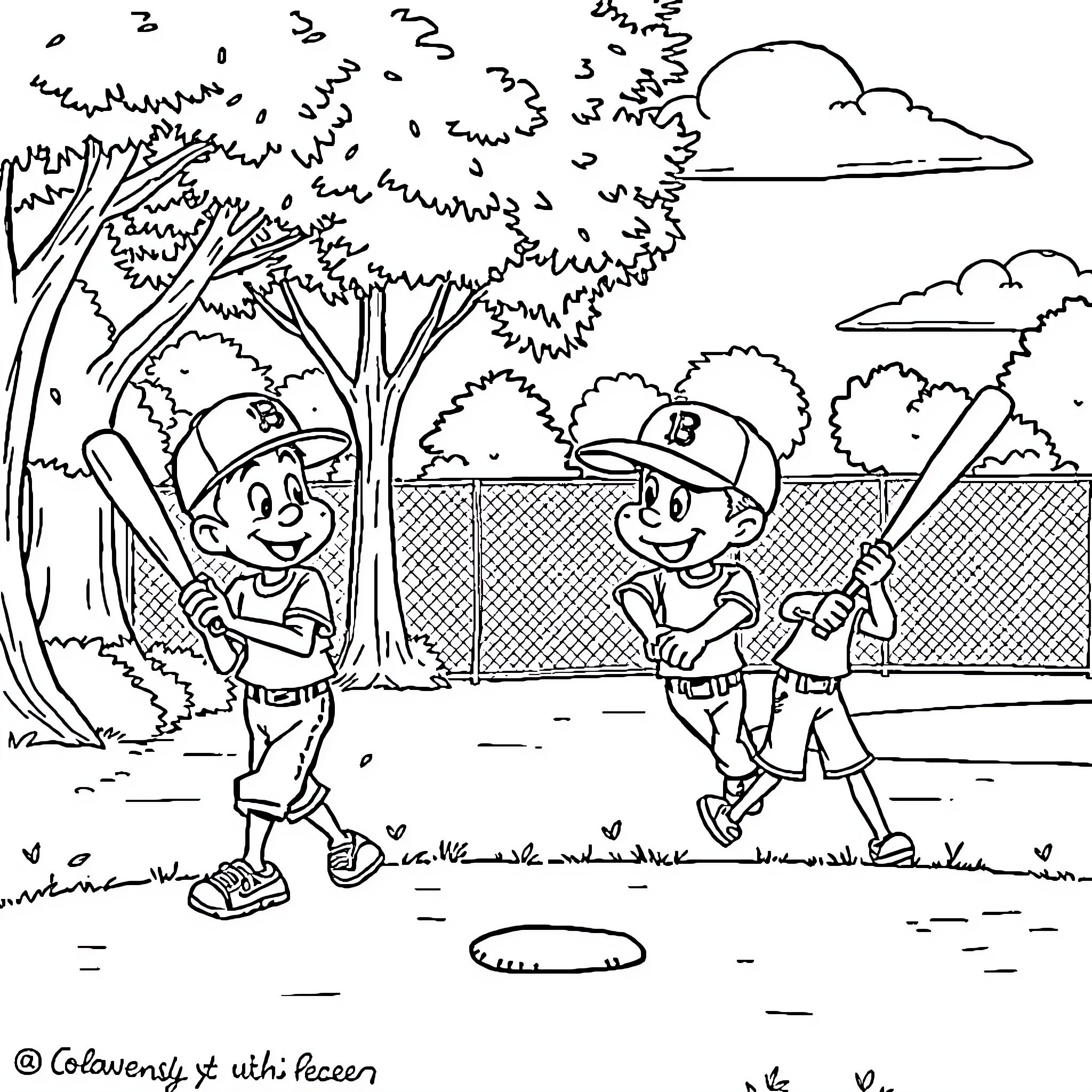 Dandy Kids Playing Baseball in the Park Coloring Page (free black-and-white line drawing printable PDF for all, from beginners to advanced learners, including children, teens, adults, and seniors)