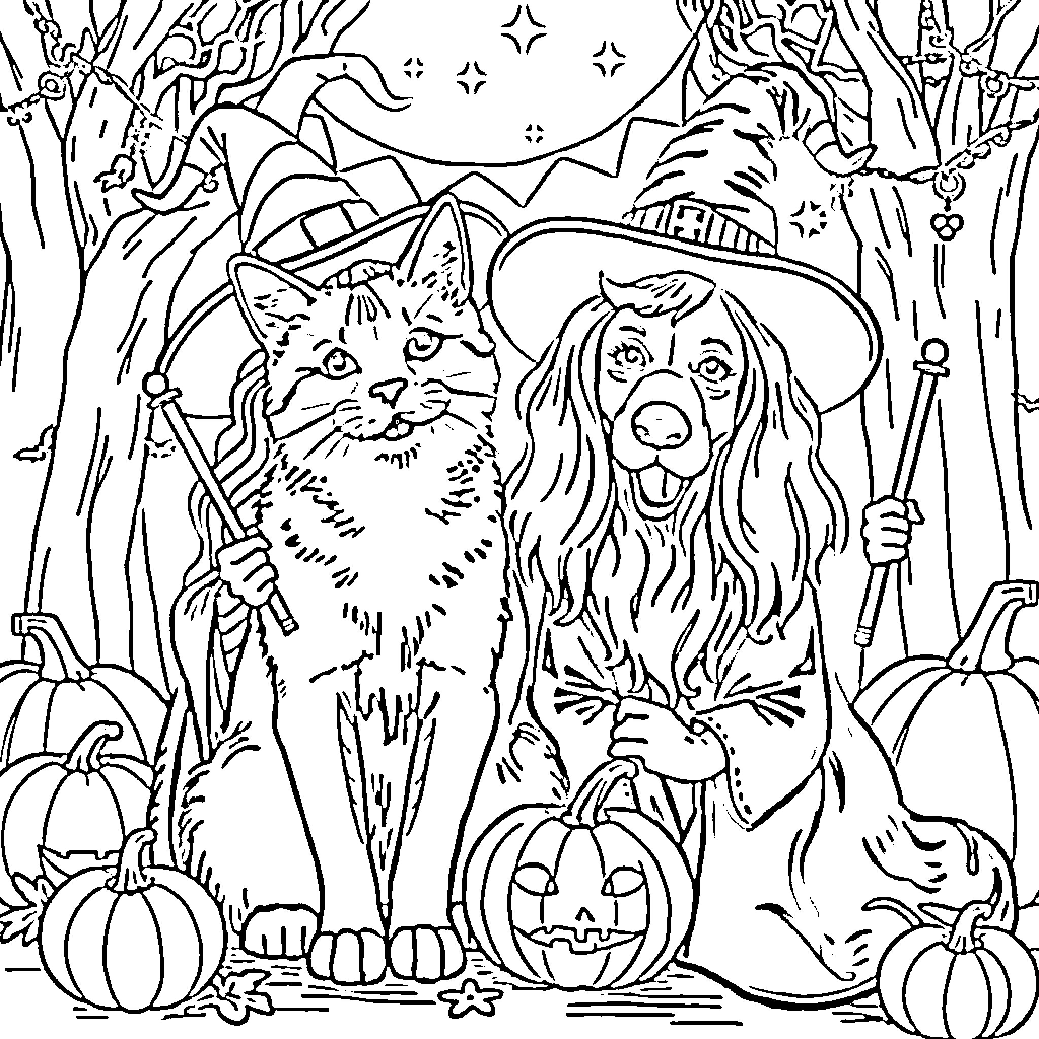 Cat and Dog Celebrating Halloween Together Coloring Page (free black-and-white line drawing printable PDF for all, from beginners to advanced learners, including children, teens, adults, and seniors)