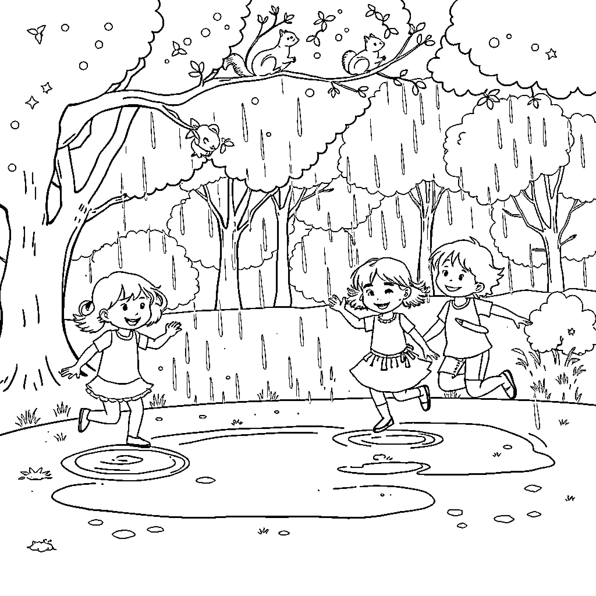 Child playing and jumping in the rain Coloring Page (free black-and-white line drawing printable PDF for all, from beginners to advanced learners, including children, teens, adults, and seniors)