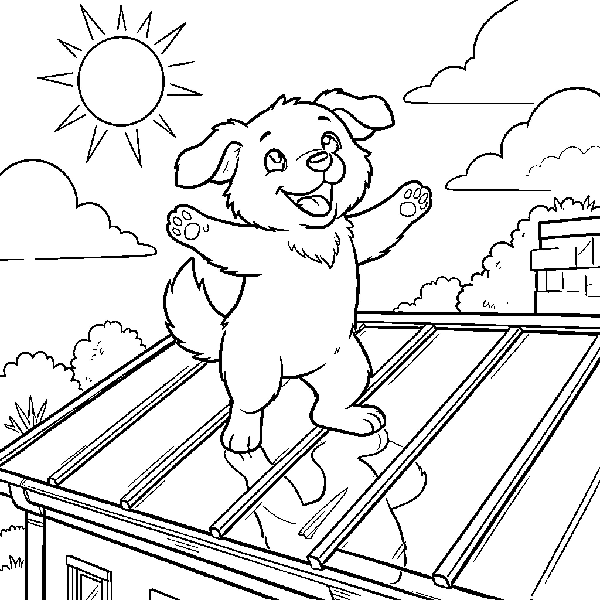 Dog playing happily on the roof Coloring Page (free black-and-white line drawing printable PDF for all, from beginners to advanced learners, including children, teens, adults, and seniors)