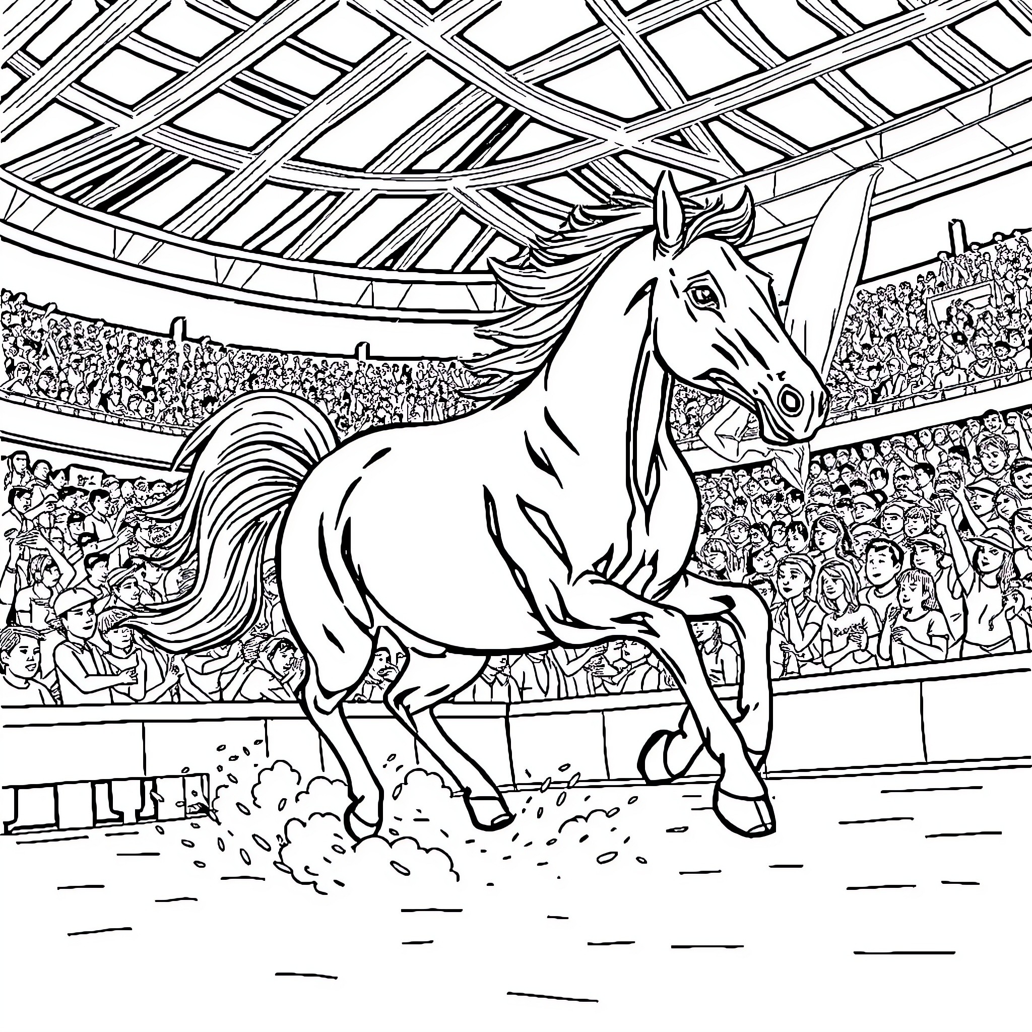 Horse performing in a crowded stadium Coloring Page (free black-and-white line drawing printable PDF for all, from beginners to advanced learners, including children, teens, adults, and seniors)