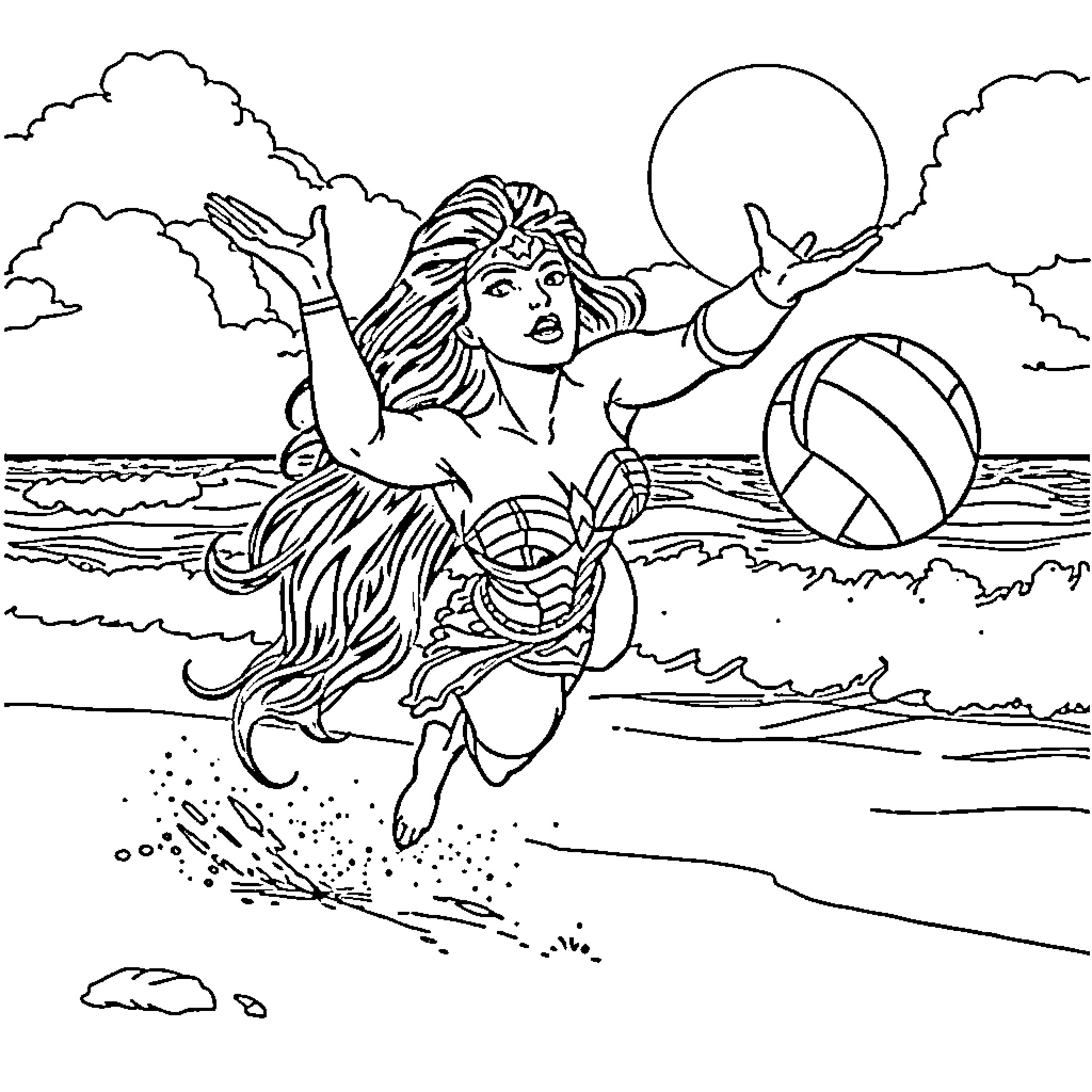 Wonder Woman playing joyfully on the beach Coloring Page (free black-and-white line drawing printable PDF for all, from beginners to advanced learners, including children, teens, adults, and seniors)