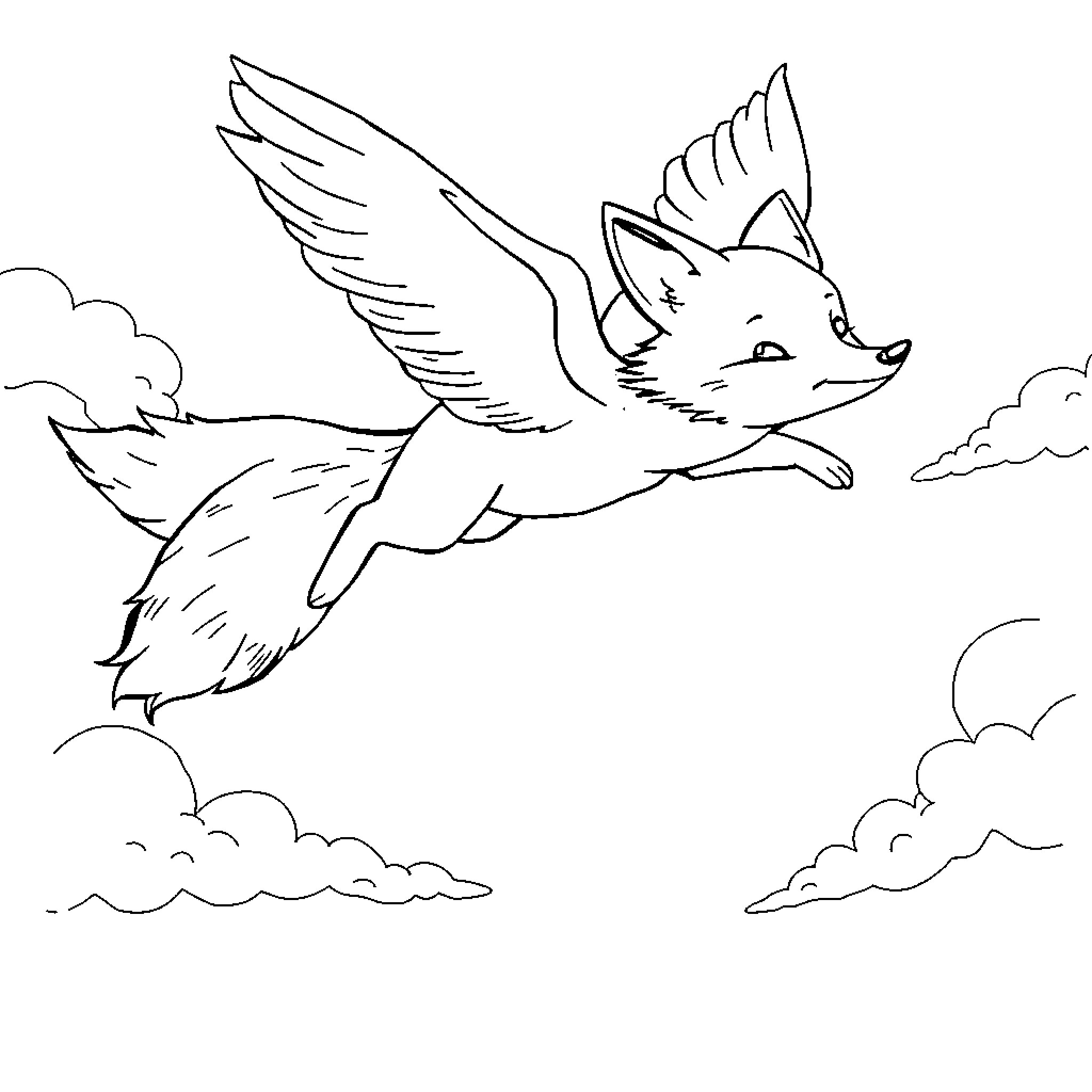 Fox soaring through the clouds with wings Coloring Page (free black-and-white line drawing printable PDF for all, from beginners to advanced learners, including children, teens, adults, and seniors)