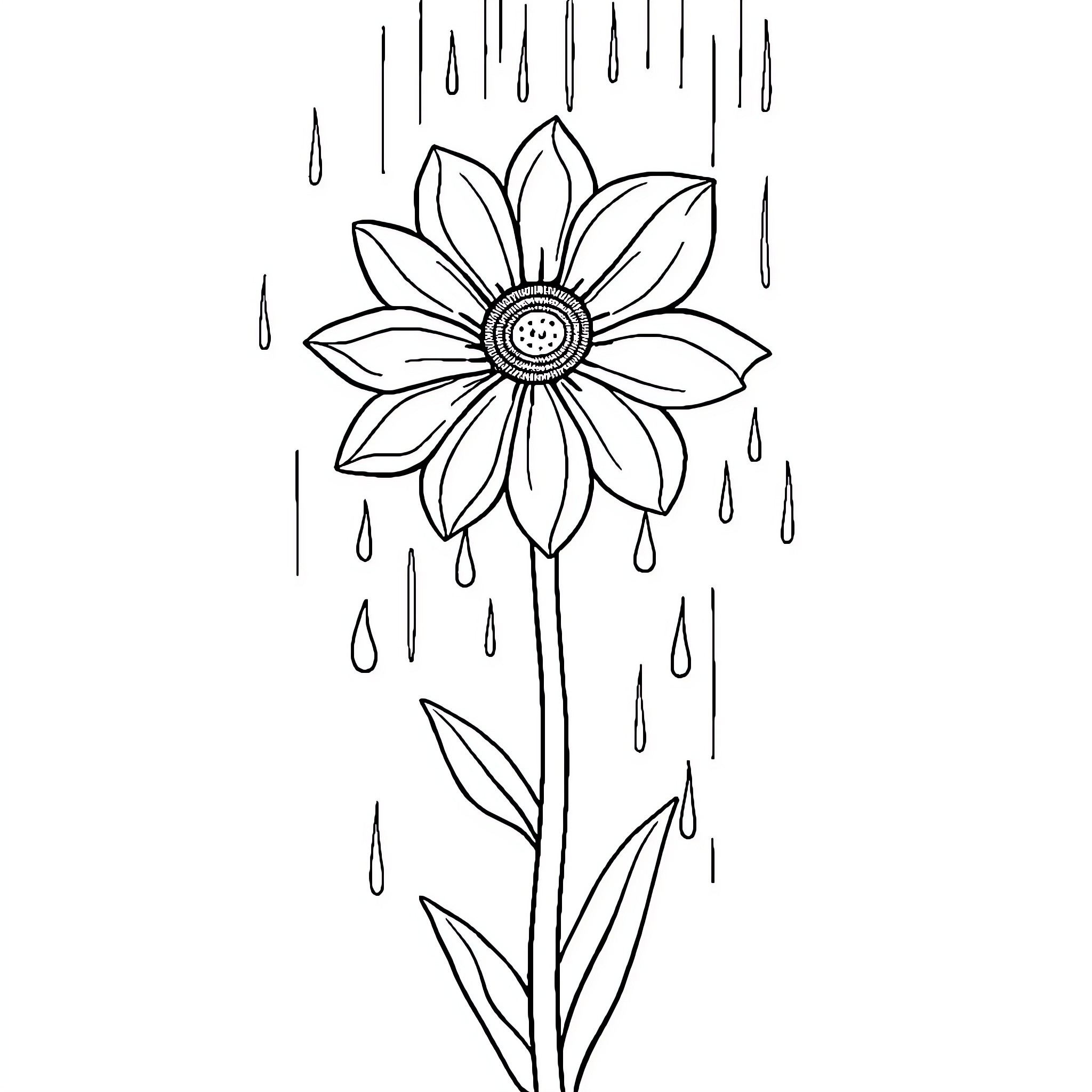 Flower blooming amidst falling raindrops Coloring Page (free black-and-white line drawing printable PDF for all, from beginners to advanced learners, including children, teens, adults, and seniors)