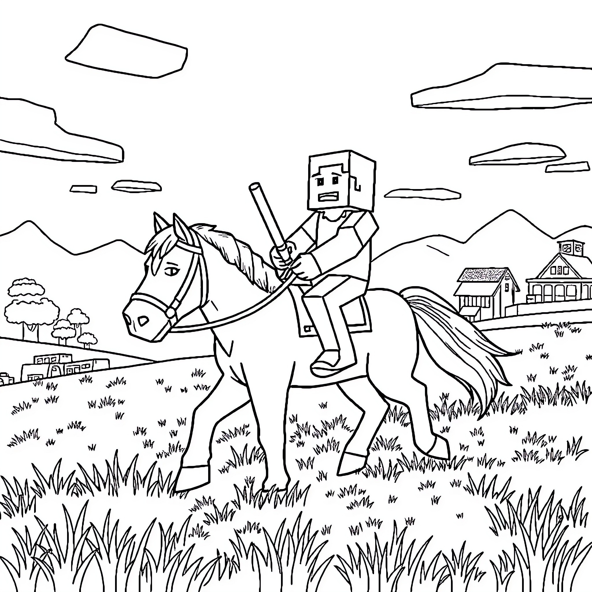 Minecraft Character riding horse through countryside Coloring Page (free black-and-white line drawing printable PDF for all, from beginners to advanced learners, including children, teens, adults, and seniors)