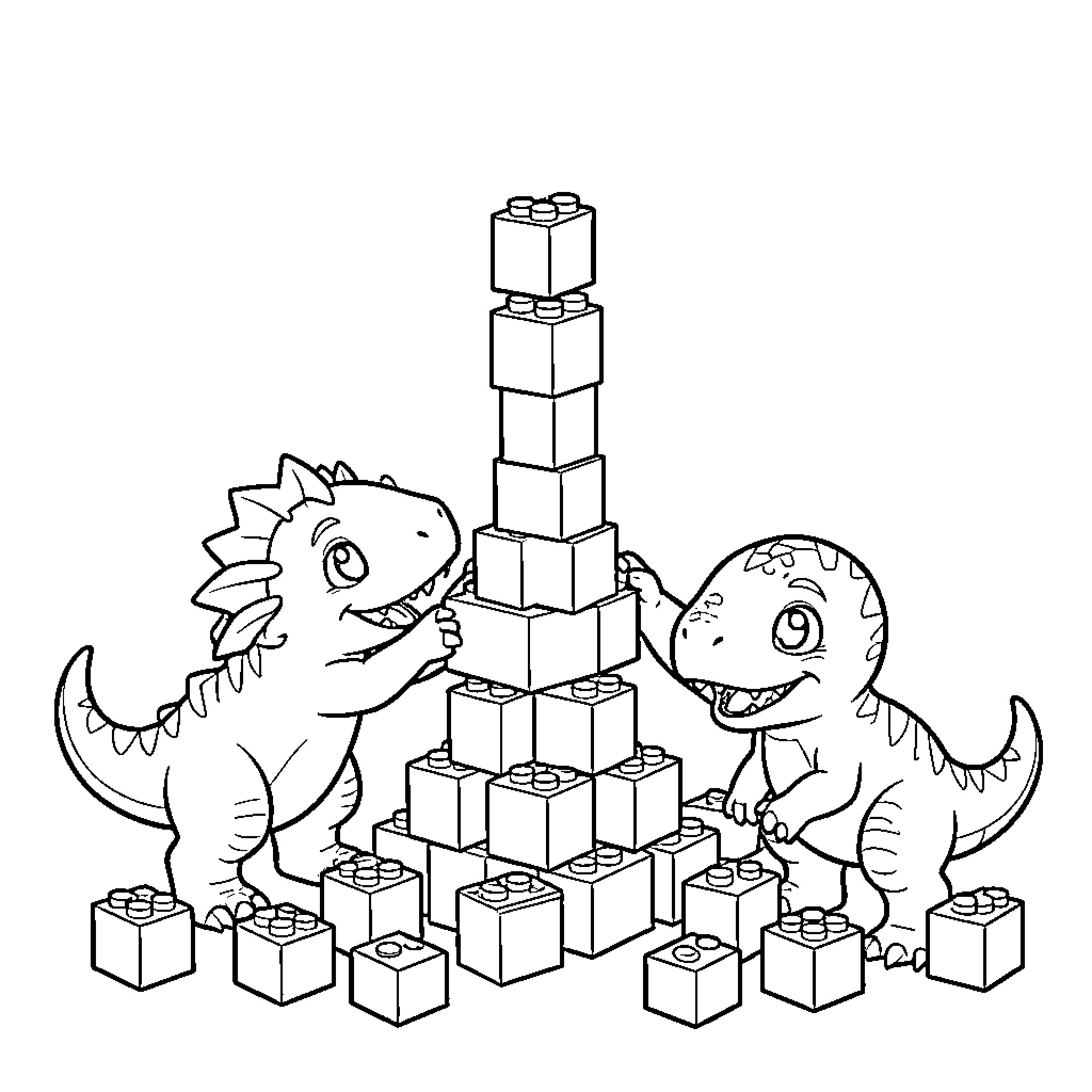 Dinosaur characters building a tall tower of blocks Coloring Page (free black-and-white line drawing printable PDF for all, from beginners to advanced learners, including children, teens, adults, and seniors)