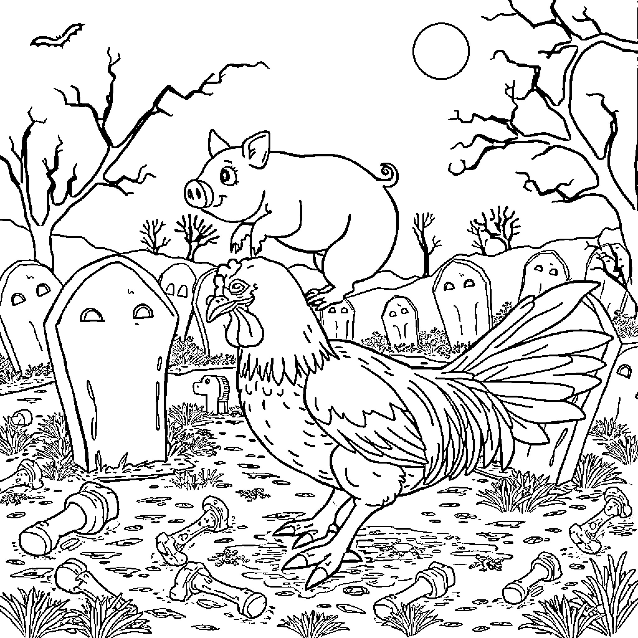 Pig and Rooster in Spooky Halloween Scene Coloring Page (free black-and-white line drawing printable PDF for all, from beginners to advanced learners, including children, teens, adults, and seniors)