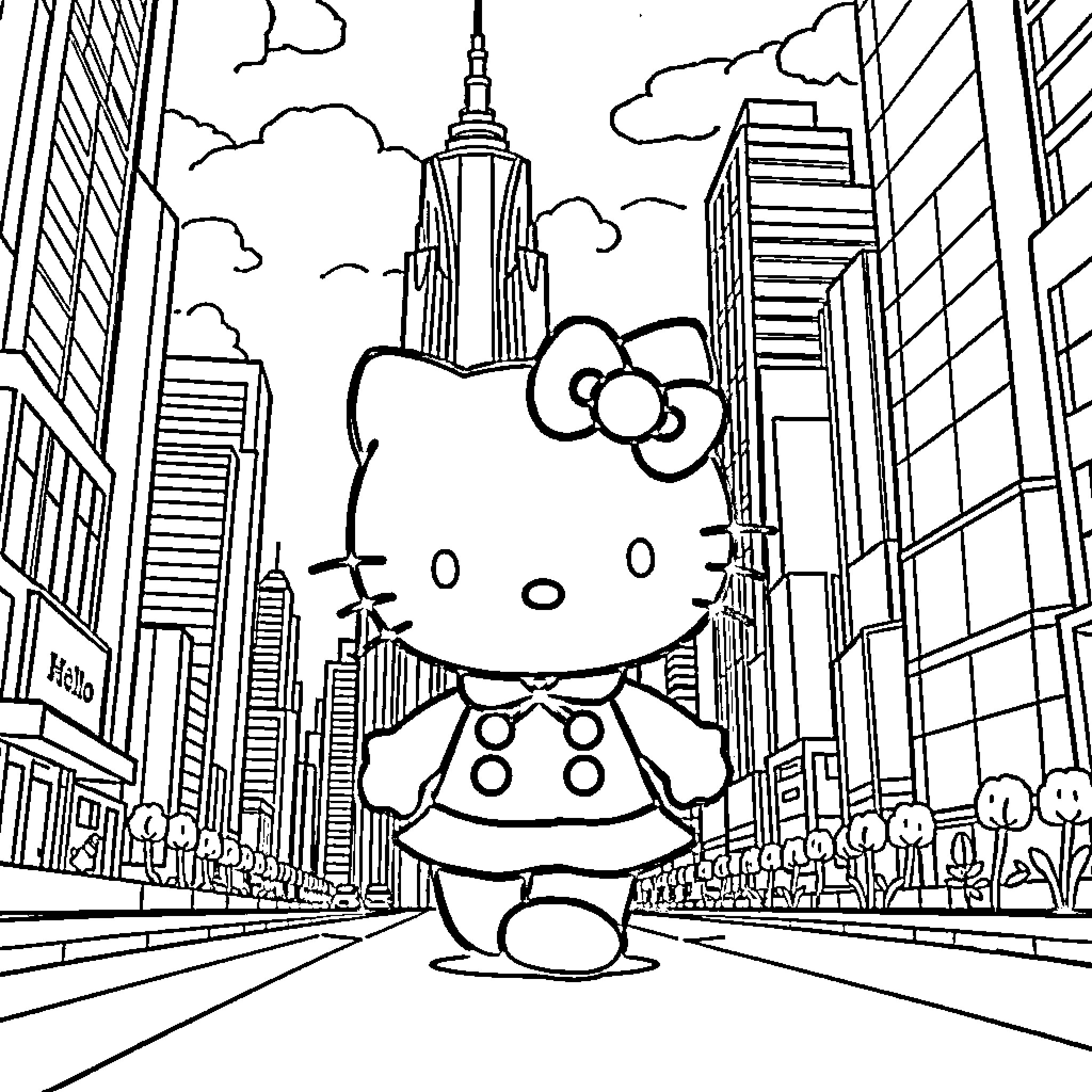 Hello Kitty exploring the city skyline Coloring Page (free black-and-white line drawing printable PDF for all, from beginners to advanced learners, including children, teens, adults, and seniors)