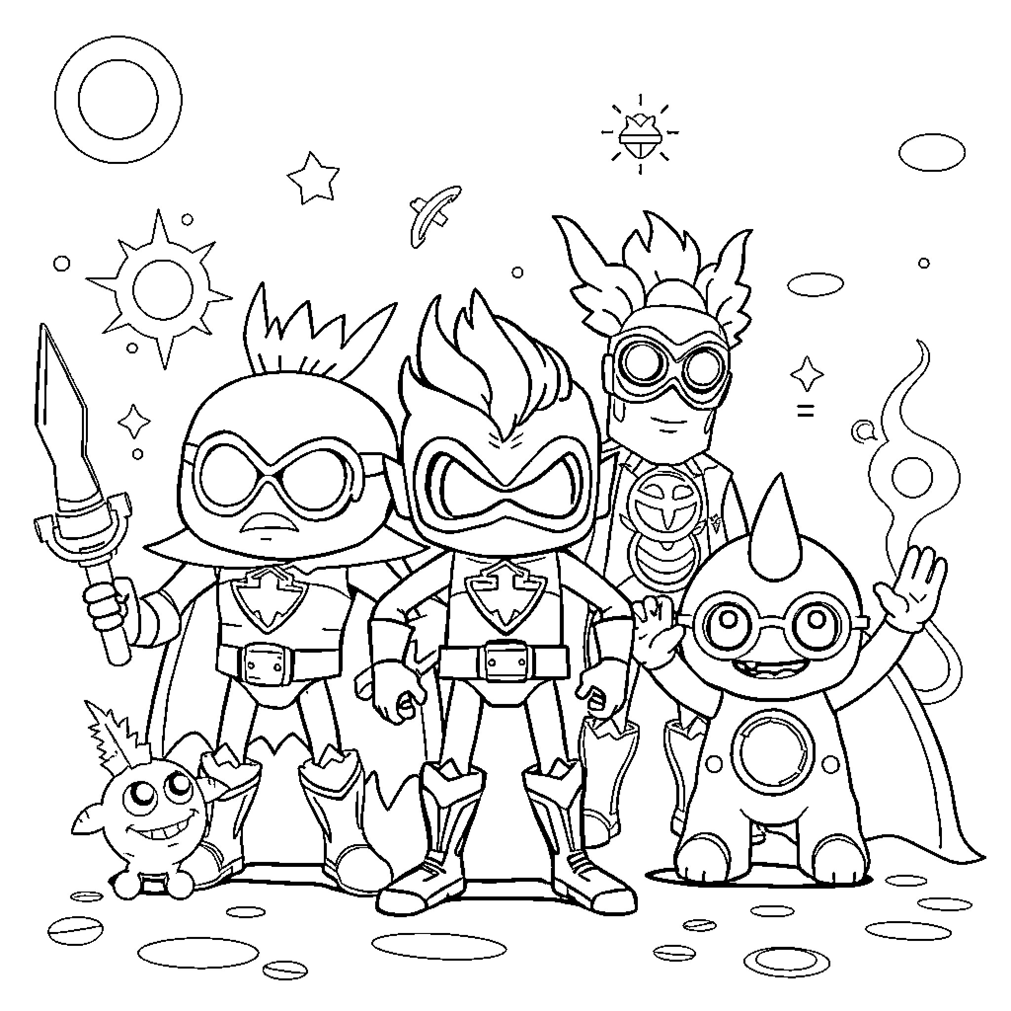 Superthing Characters in Fantastical Outfits Coloring Page (free black-and-white line drawing printable PDF for all, from beginners to advanced learners, including children, teens, adults, and seniors)
