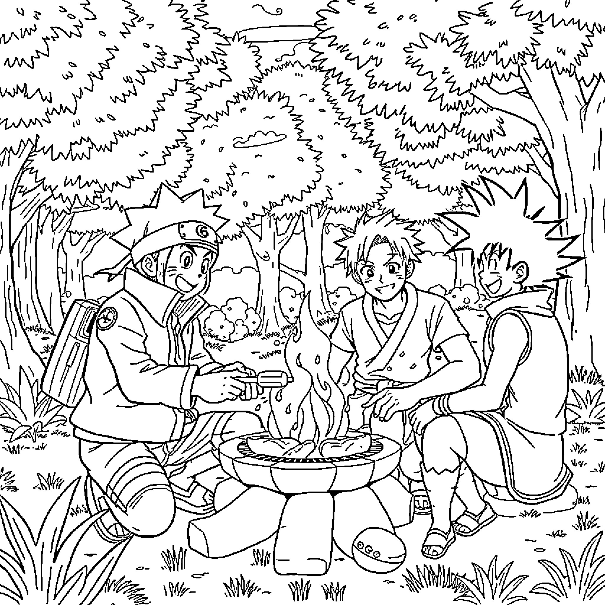 Naruto and friends camping in the forest Coloring Page (free black-and-white line drawing printable PDF for all, from beginners to advanced learners, including children, teens, adults, and seniors)