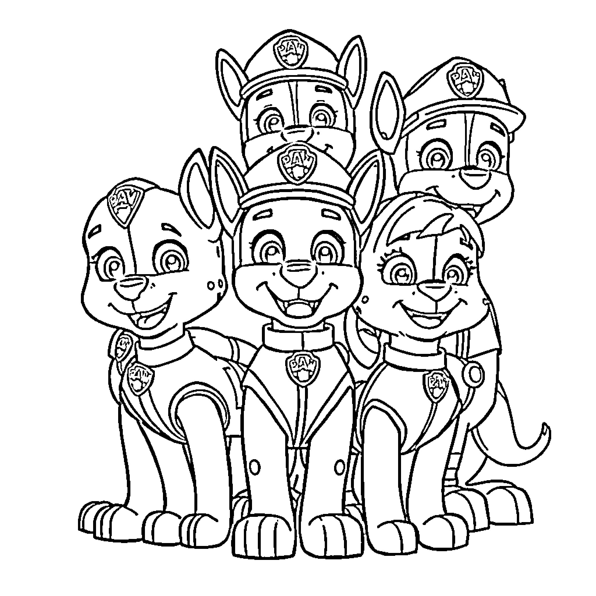 Paw Patrol team in uniform, ready for action Coloring Page (free black-and-white line drawing printable PDF for all, from beginners to advanced learners, including children, teens, adults, and seniors)