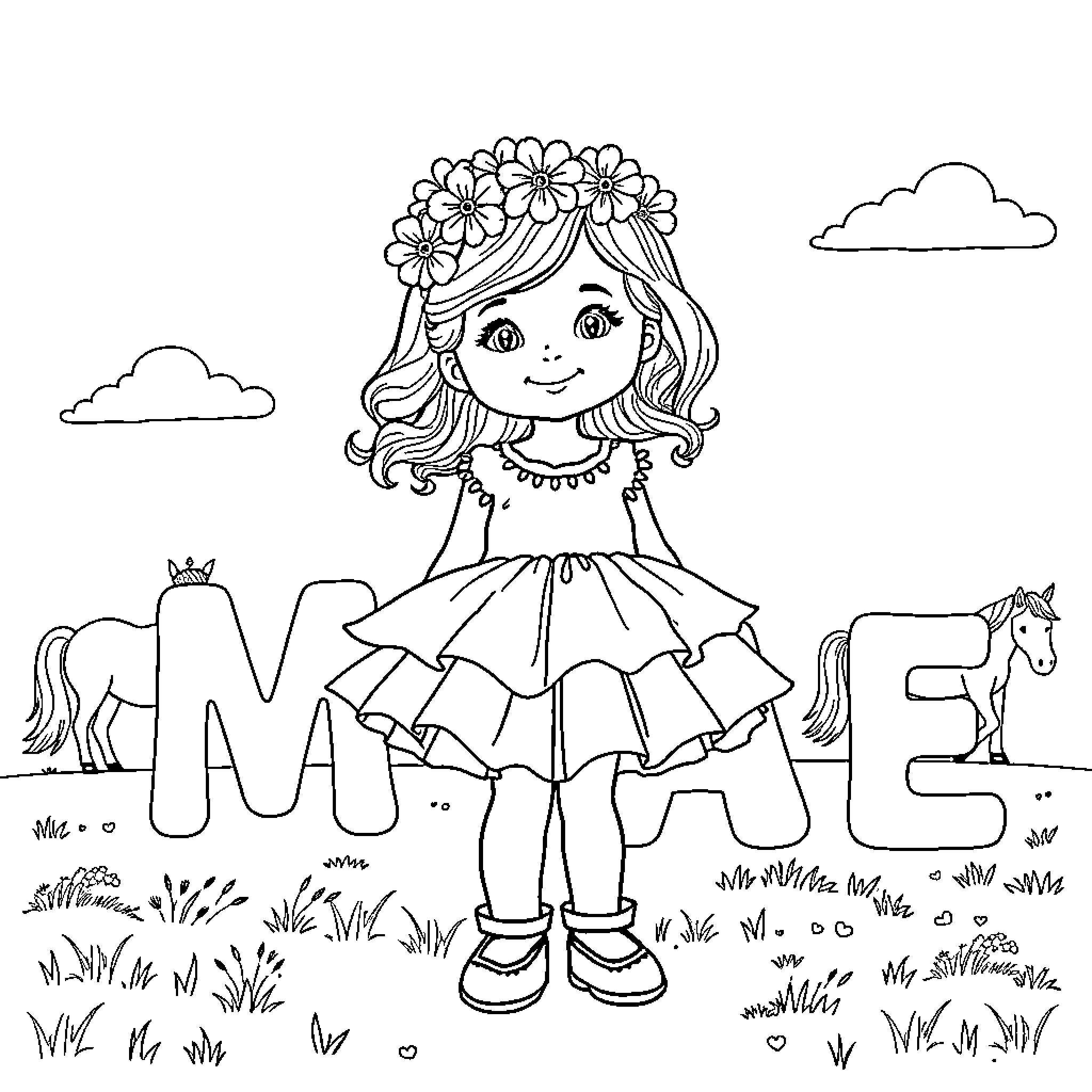 Girl in flower crown and ruffled dress playing outdoors Coloring Page (free black-and-white line drawing printable PDF for all, from beginners to advanced learners, including children, teens, adults, and seniors)