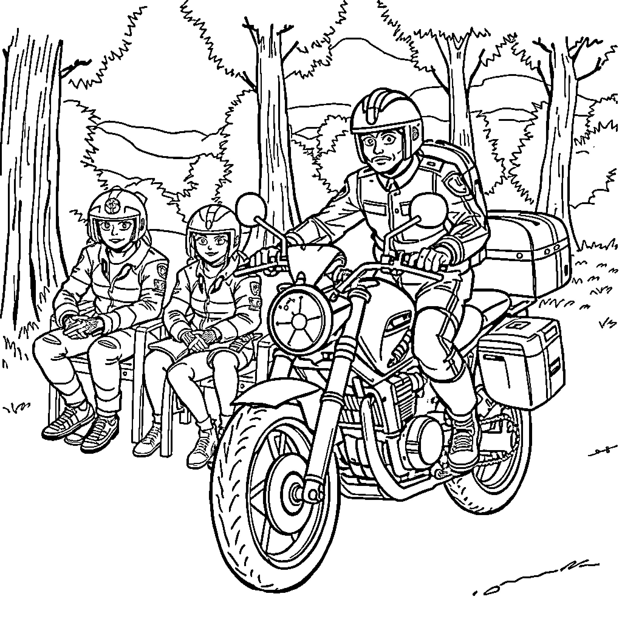 Paw Patrol Bikers Exploring Forested Terrain Coloring Page (free black-and-white line drawing printable PDF for all, from beginners to advanced learners, including children, teens, adults, and seniors)