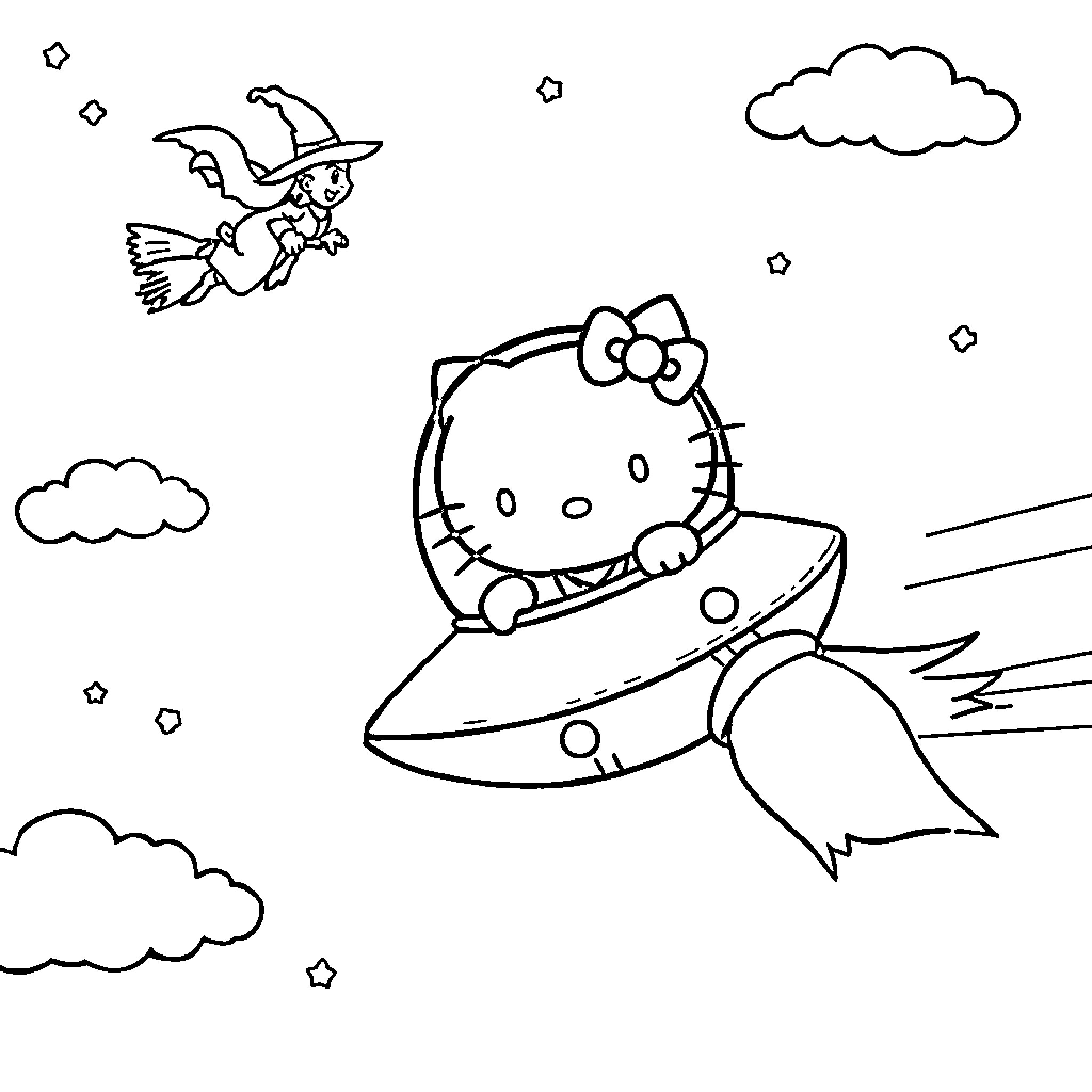Hello Kitty flying in a rocket ship among the clouds Coloring Page (free black-and-white line drawing printable PDF for all, from beginners to advanced learners, including children, teens, adults, and seniors)
