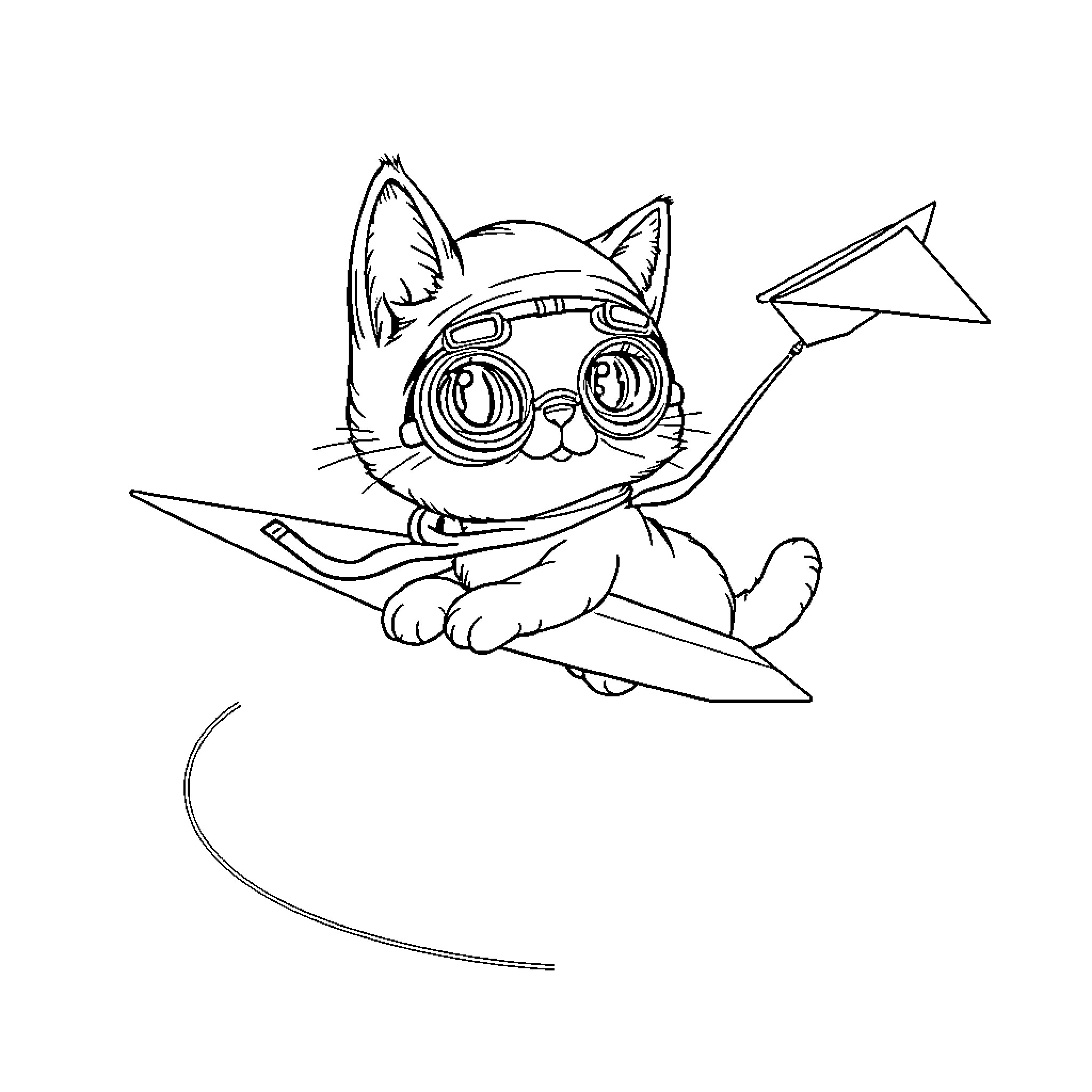 Cat surfing on a paper plane Coloring Page (free black-and-white line drawing printable PDF for all, from beginners to advanced learners, including children, teens, adults, and seniors)
