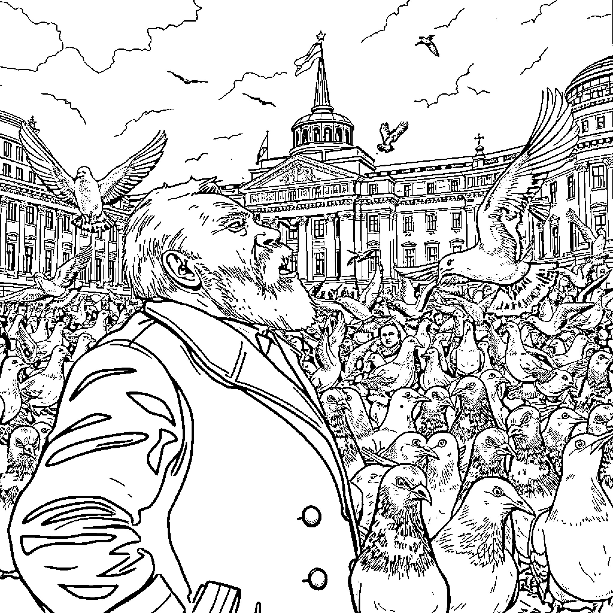 Lenin Addresses the Crowd in Dramatic Scene Coloring Page (free black-and-white line drawing printable PDF for all, from beginners to advanced learners, including children, teens, adults, and seniors)