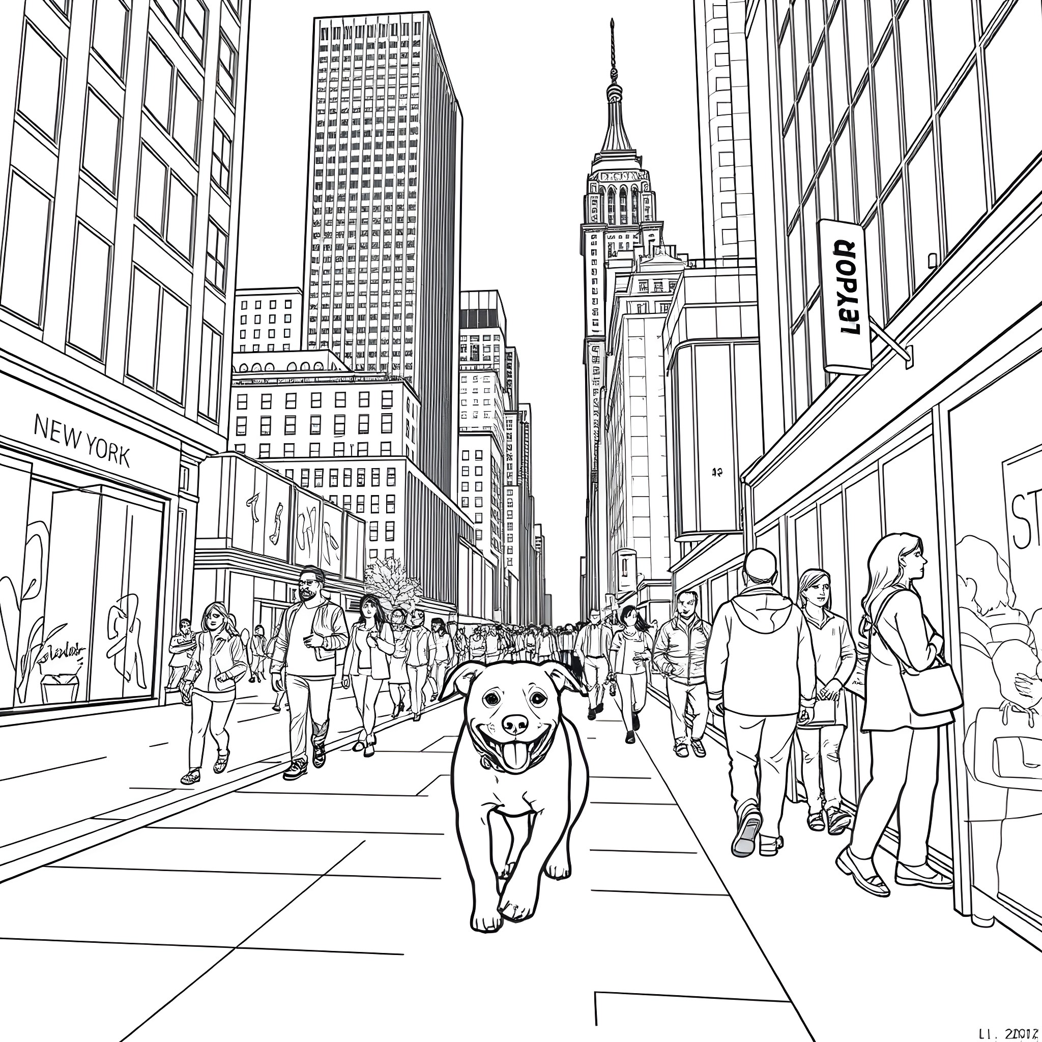 Dog walking happily in busy New York City street Coloring Page (free black-and-white line drawing printable PDF for all, from beginners to advanced learners, including children, teens, adults, and seniors)