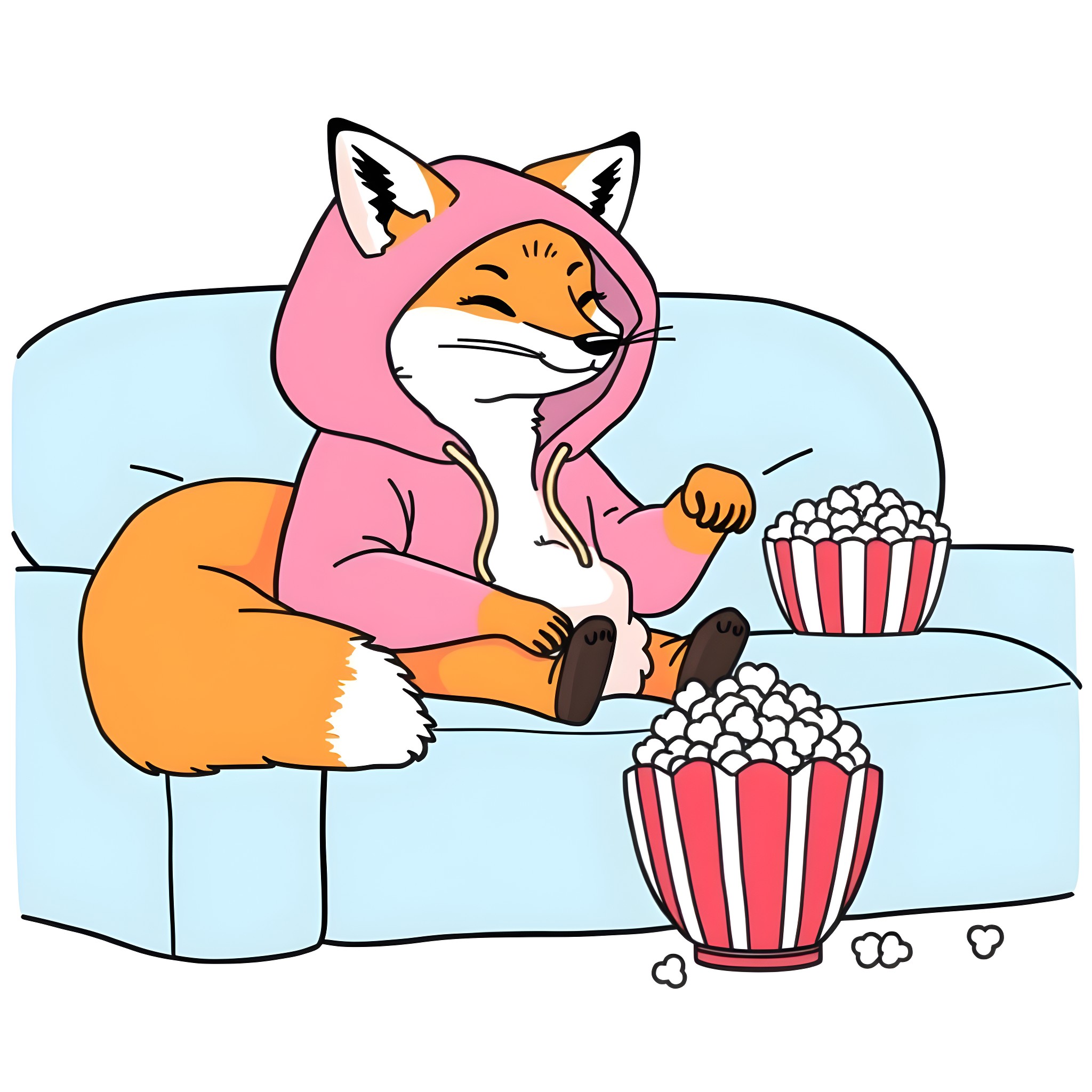 Fox Enjoying Popcorn on the Couch Coloring Page (free black-and-white line drawing printable PDF for all, from beginners to advanced learners, including children, teens, adults, and seniors)