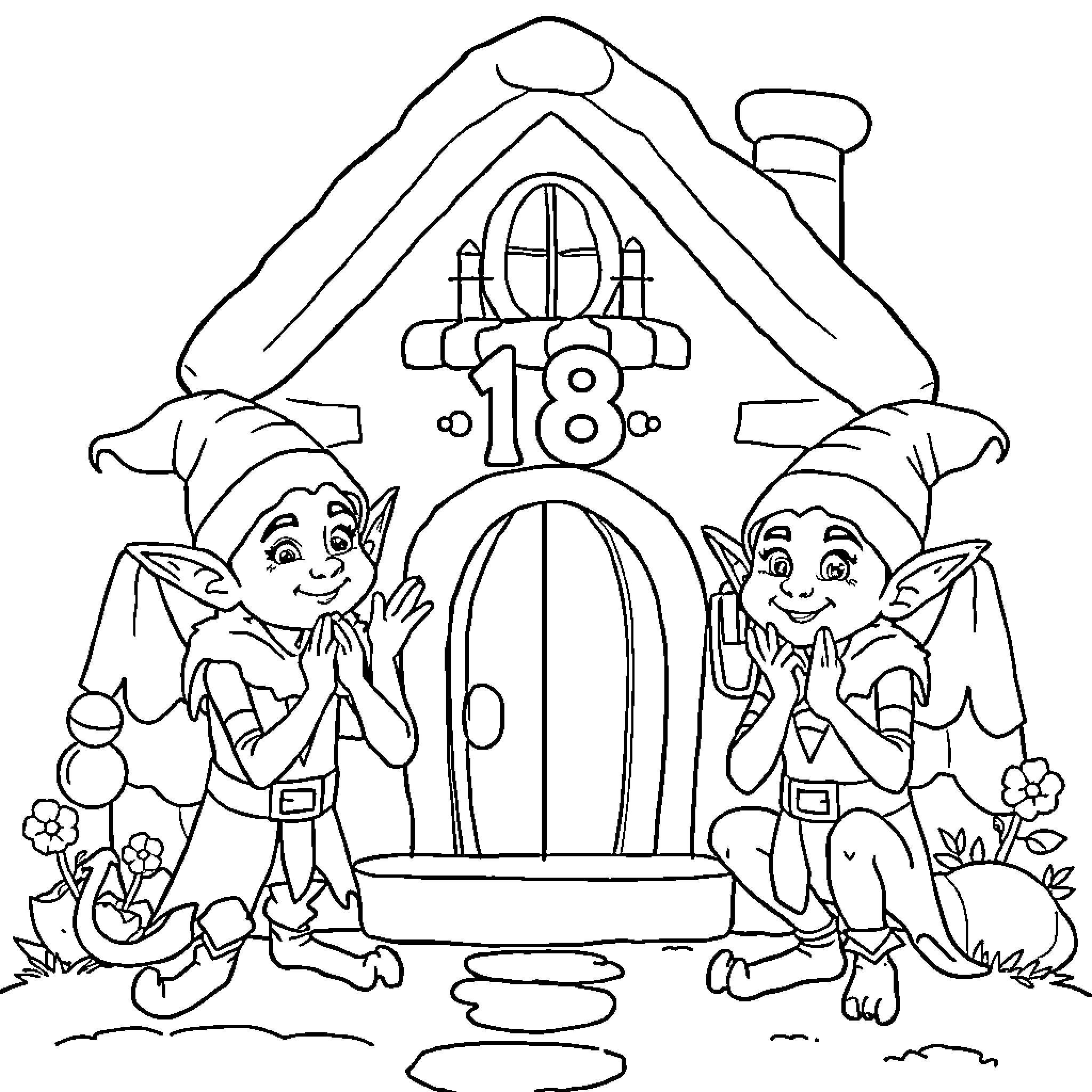 Elf friends waving in front of cottage Coloring Page (free black-and-white line drawing printable PDF for all, from beginners to advanced learners, including children, teens, adults, and seniors)