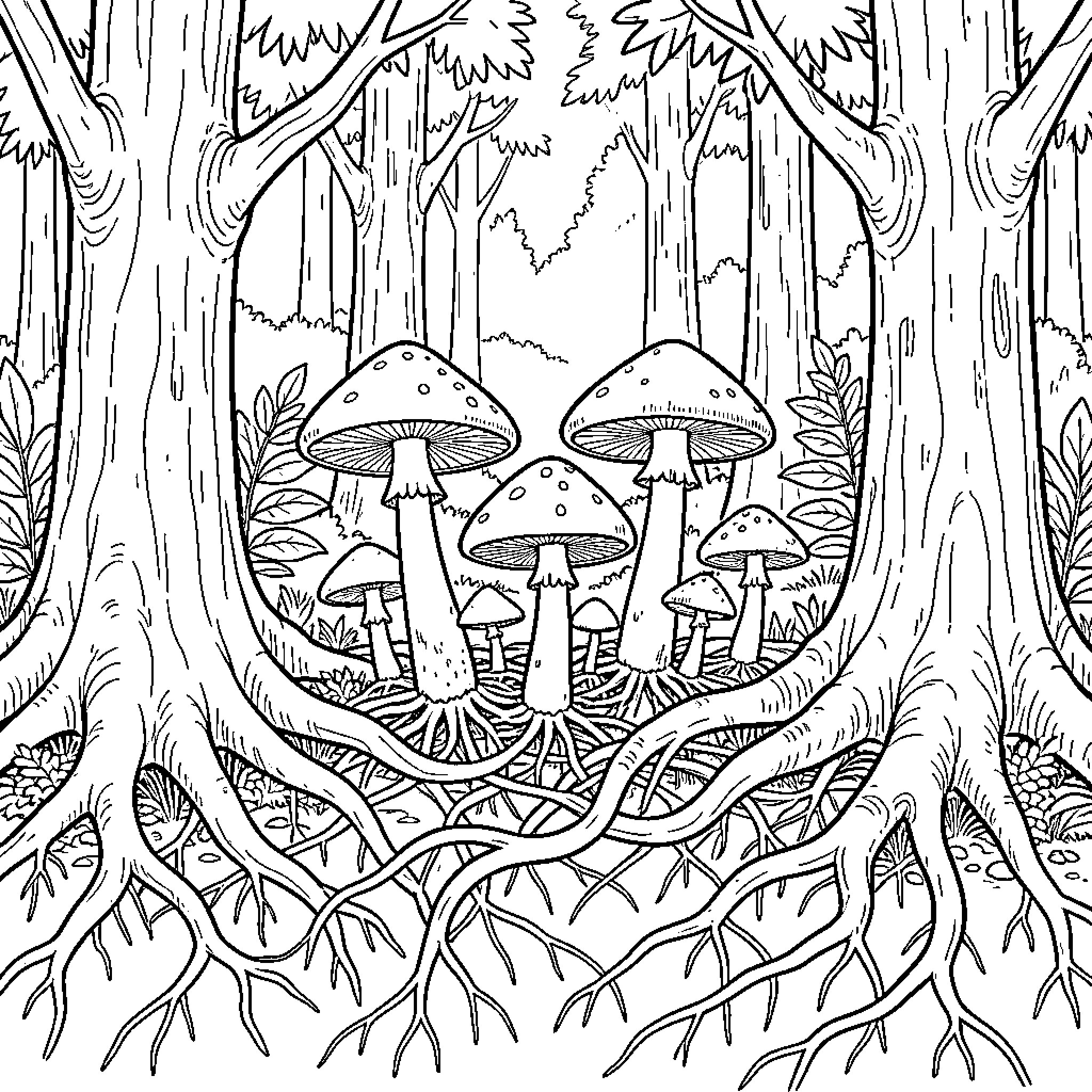 Fungi thriving in the enchanted forest Coloring Page (free black-and-white line drawing printable PDF for all, from beginners to advanced learners, including children, teens, adults, and seniors)
