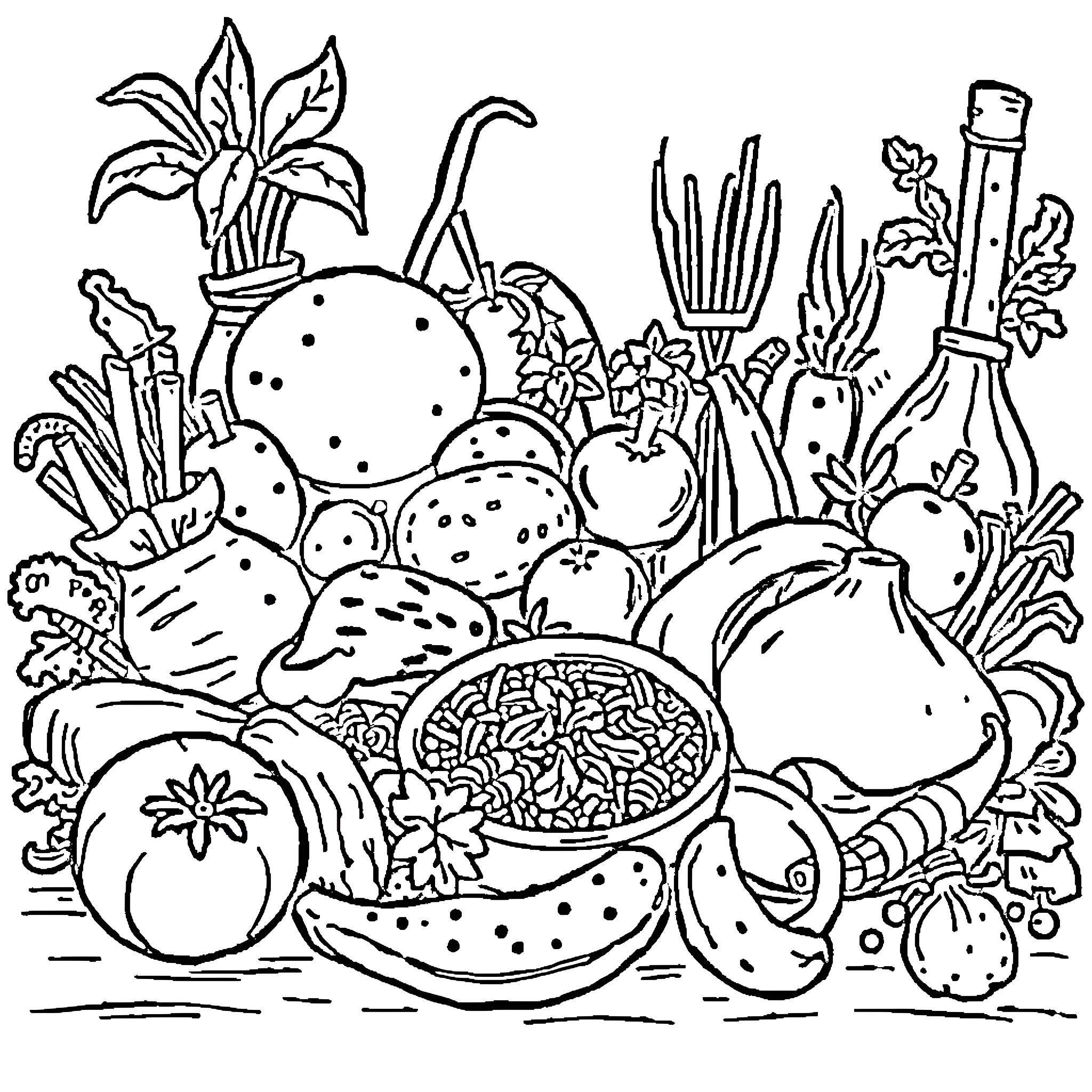 Brainrot: Vibrant Veggie Medley Coloring Page (free black-and-white line drawing printable PDF for all, from beginners to advanced learners, including children, teens, adults, and seniors)