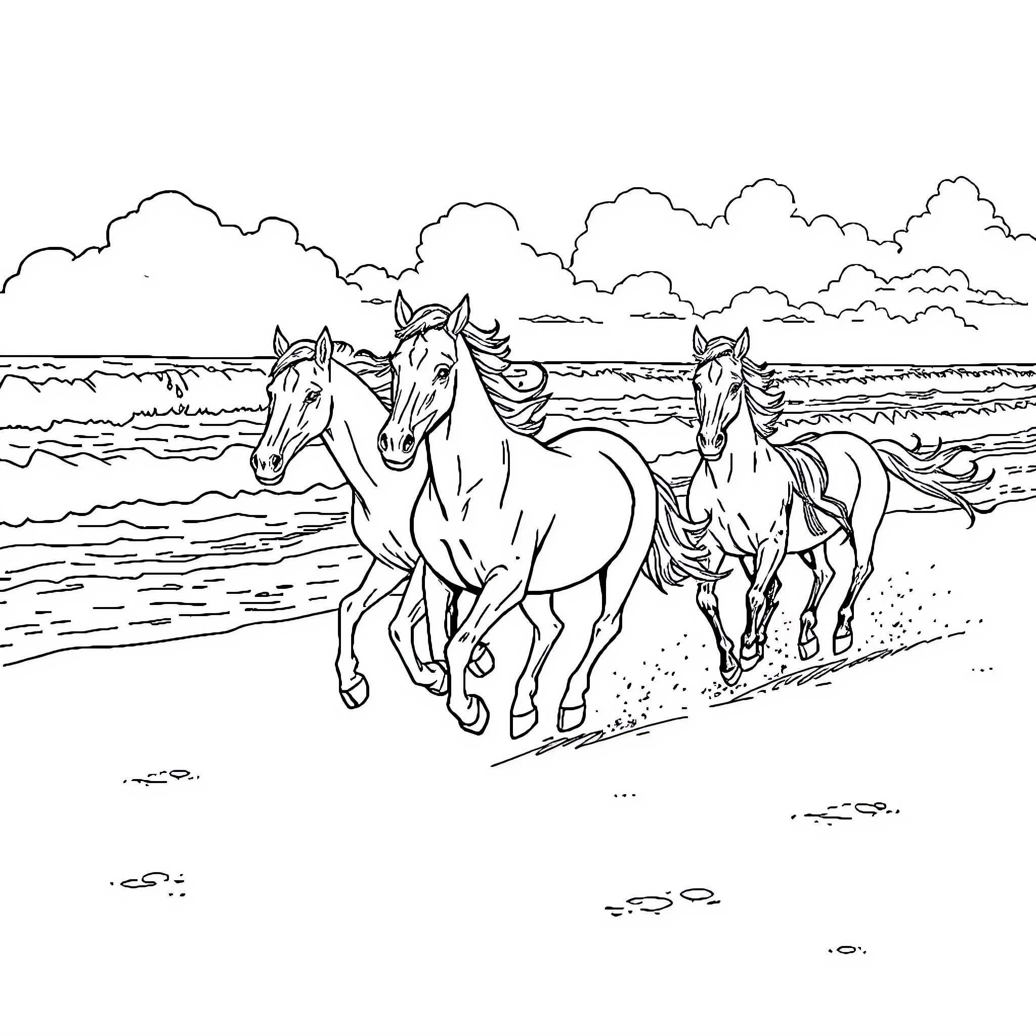 Horse Herd Running Freely Along the Beach Coloring Page (free black-and-white line drawing printable PDF for all, from beginners to advanced learners, including children, teens, adults, and seniors)