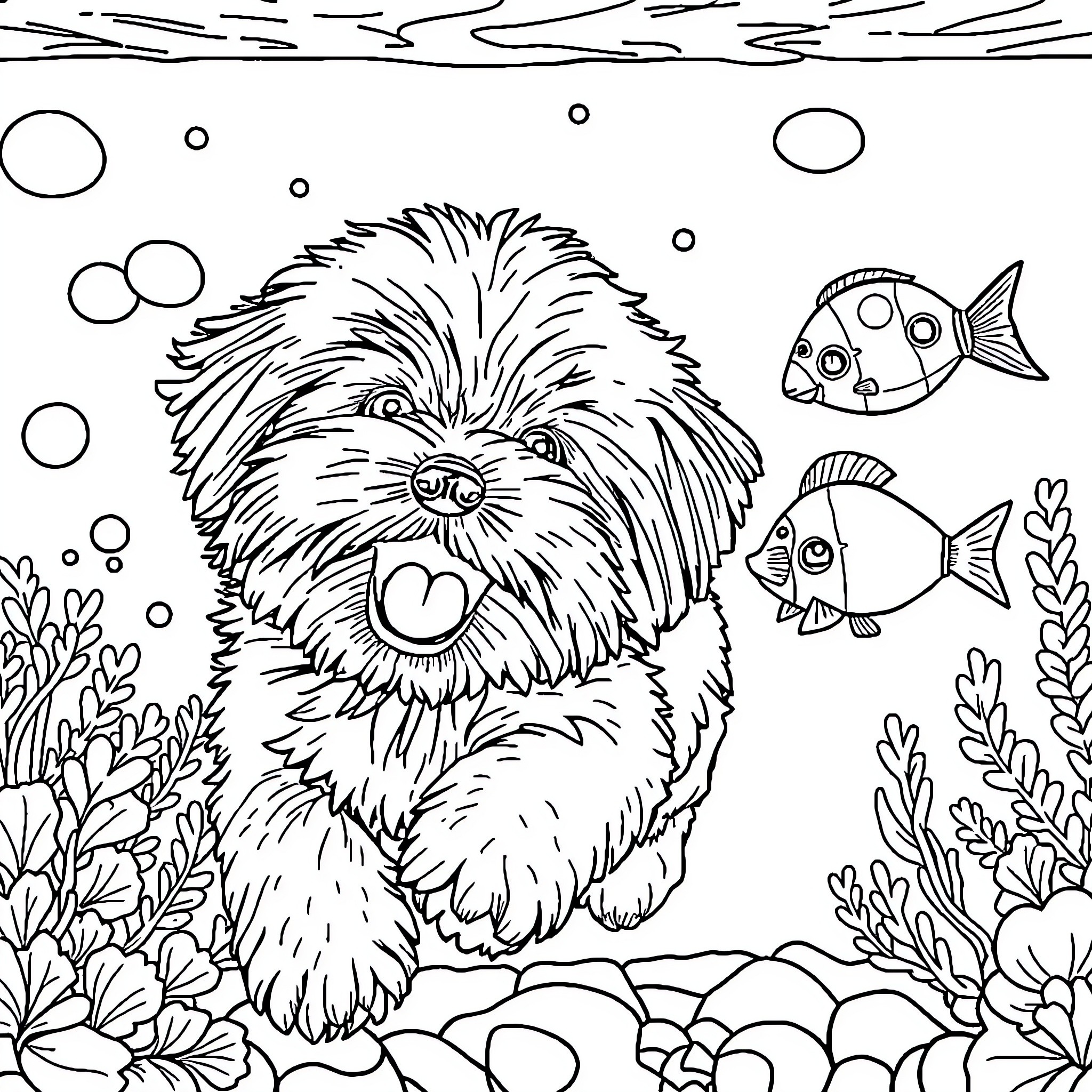 Bichon Frise swimming with colorful fish Coloring Page (free black-and-white line drawing printable PDF for all, from beginners to advanced learners, including children, teens, adults, and seniors)