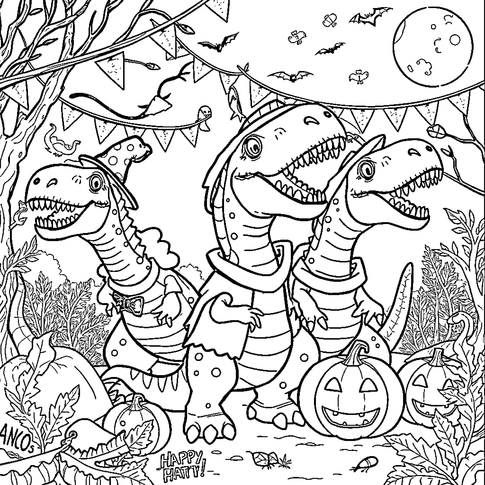 Dinosaur Halloween Party with Spooky Decorations Coloring Page (free black-and-white line drawing printable PDF for all, from beginners to advanced learners, including children, teens, adults, and seniors)