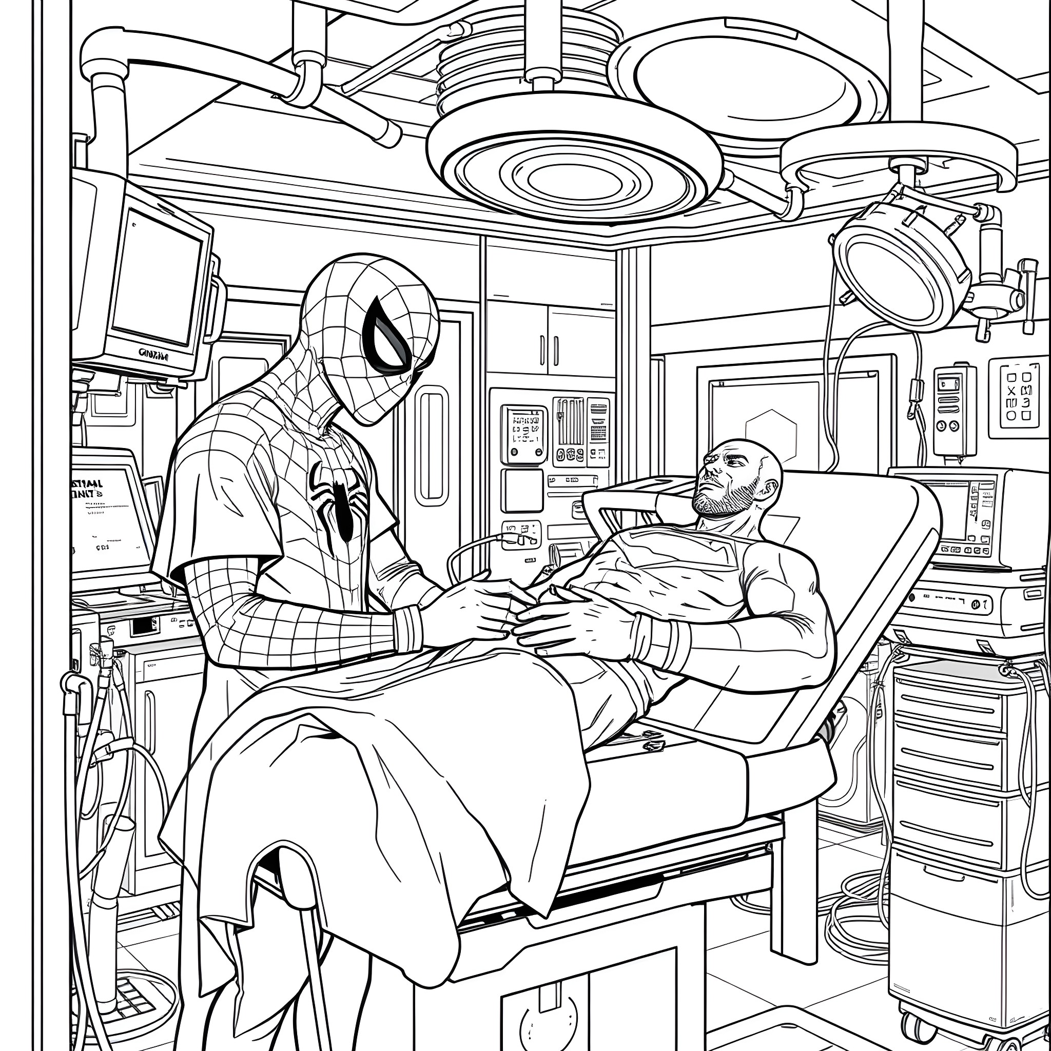 Spiderman assisting an injured person in a medical setting Coloring Page (free black-and-white line drawing printable PDF for all, from beginners to advanced learners, including children, teens, adults, and seniors)