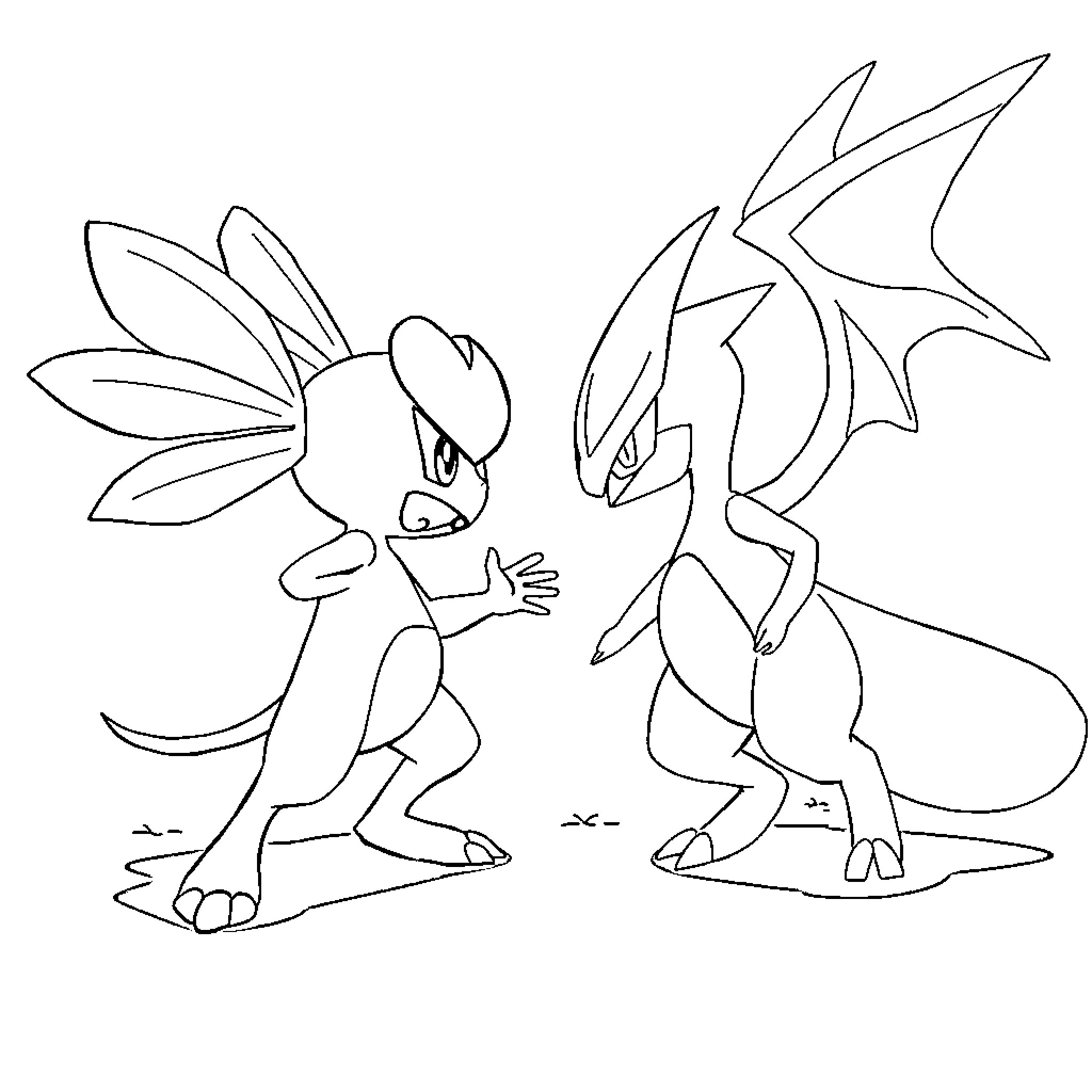Machop style creature facing off against a winged opponent Coloring Page (free black-and-white line drawing printable PDF for all, from beginners to advanced learners, including children, teens, adults, and seniors)