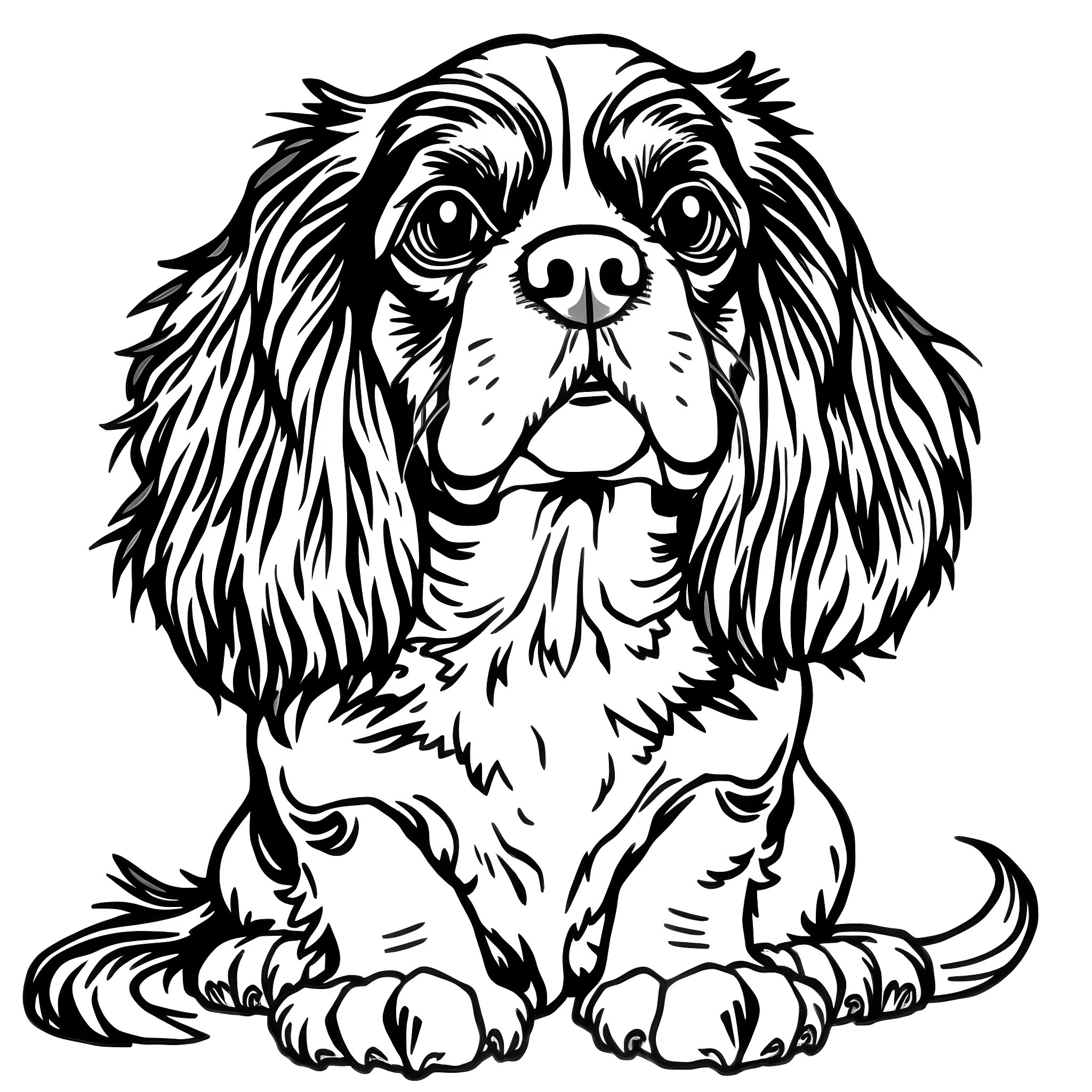 Cavalier King Charles Spaniel sitting adorably Coloring Page (free black-and-white line drawing printable PDF for all, from beginners to advanced learners, including children, teens, adults, and seniors)